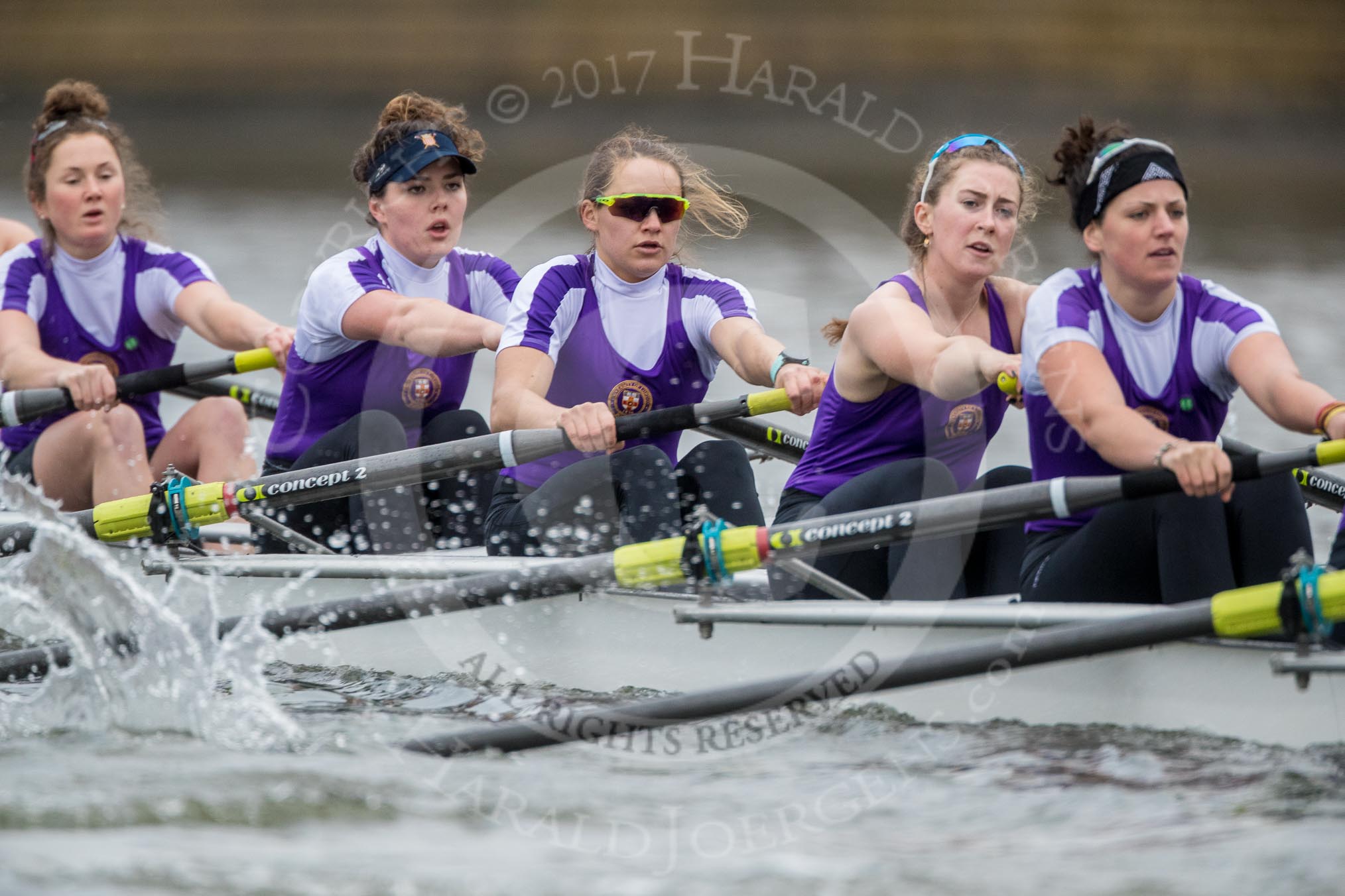 The Boat Race season 2017 - Women's Boat Race Fixture CUWBC vs Univerity of London: The UL eight, here 2 - Catherine Ador, 3 - Fionnuala Gannon, 4 - Sara Parfett, 5 - Charlotte Hodgkins-Byrne, 6 - Georgia Stratham.
River Thames between Putney Bridge and Mortlake,
London SW15,

United Kingdom,
on 19 February 2017 at 16:02, image #73
