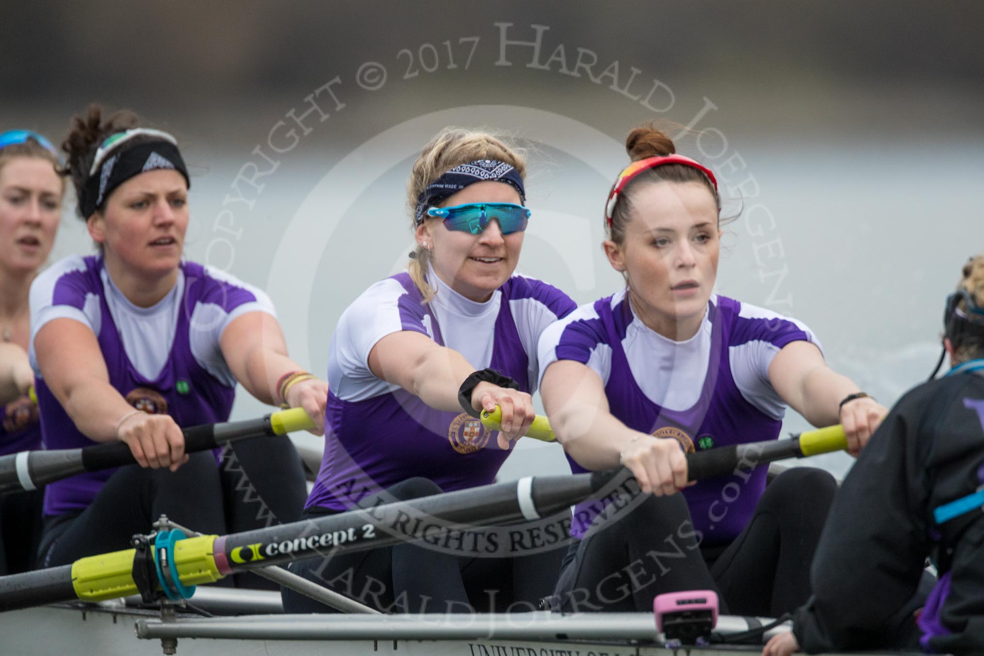 The Boat Race season 2017 - Women's Boat Race Fixture CUWBC vs Univerity of London: The UL eigth, 5 - Charlotte Hodgkins-Byrne, 6 - Georgia Stratham, 7 - Ally French, stroke - Robyn Hart-Winks, cox - Lauren Holland.
River Thames between Putney Bridge and Mortlake,
London SW15,

United Kingdom,
on 19 February 2017 at 16:03, image #76