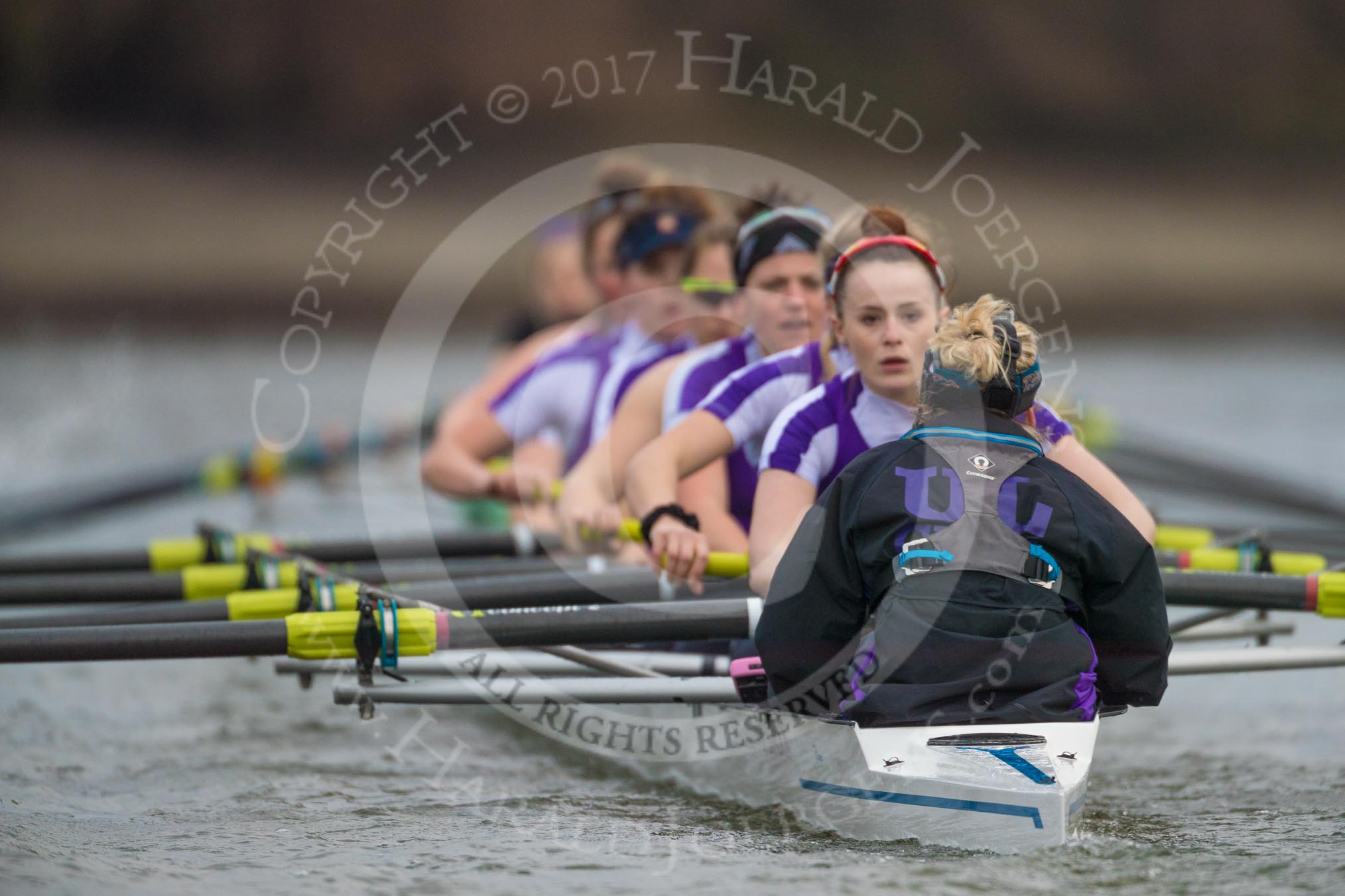 The Boat Race season 2017 - Women's Boat Race Fixture CUWBC vs Univerity of London: The UL eigth, cox - Lauren Holland, stroke - Robyn Hart-Winks, 7 - Ally French, 6 - Georgia Stratham, 5 - Charlotte Hodgkins-Byrne, 4 - Sara Parfett, 3 - Fionnuala Gannon, 2 - Catherine Ador, bow - Emily Wilks.
River Thames between Putney Bridge and Mortlake,
London SW15,

United Kingdom,
on 19 February 2017 at 16:04, image #80