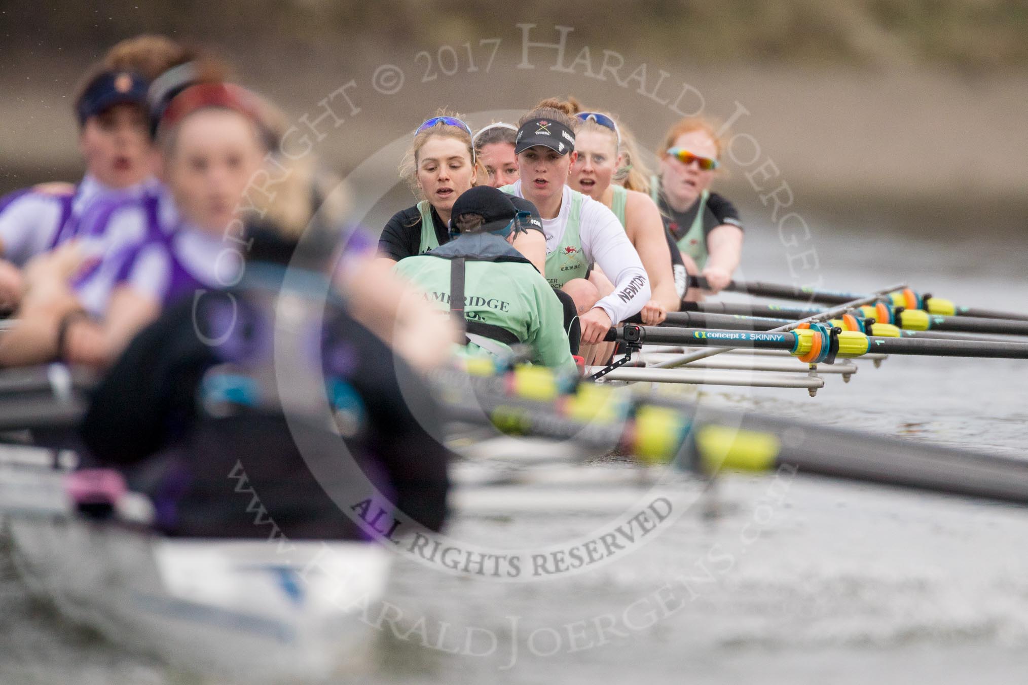 The Boat Race season 2017 - Women's Boat Race Fixture CUWBC vs Univerity of London: The long lens compresses distances,.
River Thames between Putney Bridge and Mortlake,
London SW15,

United Kingdom,
on 19 February 2017 at 16:04, image #81