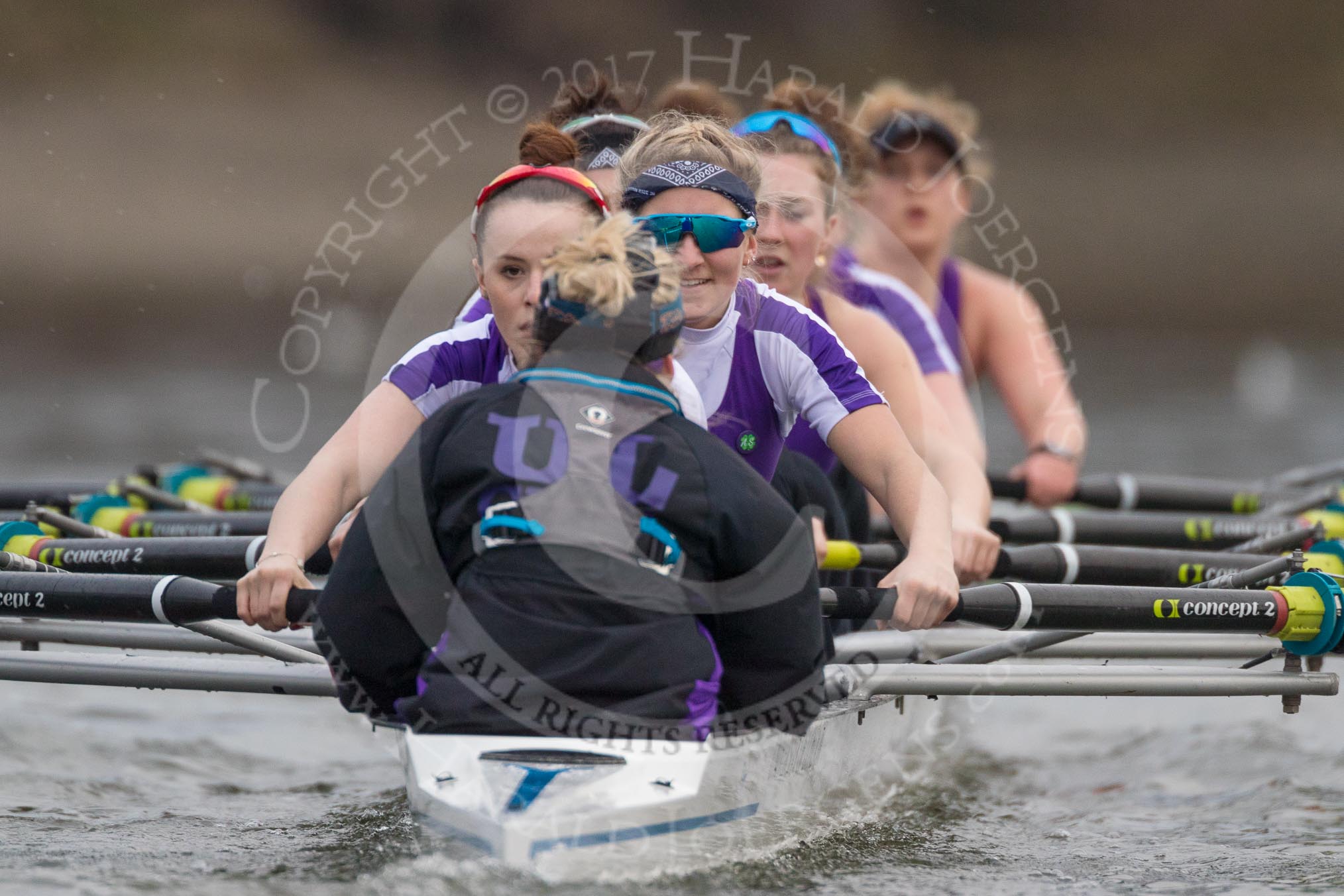 The Boat Race season 2017 - Women's Boat Race Fixture CUWBC vs Univerity of London: The UL eigth, cox - Lauren Holland, stroke - Robyn Hart-Winks, 7 - Ally French, 6 - Georgia Stratham, 5 - Charlotte Hodgkins-Byrne, 4 - Sara Parfett, 3 - Fionnuala Gannon, 2 - Catherine Ador, bow - Emily Wilks.
River Thames between Putney Bridge and Mortlake,
London SW15,

United Kingdom,
on 19 February 2017 at 16:05, image #82
