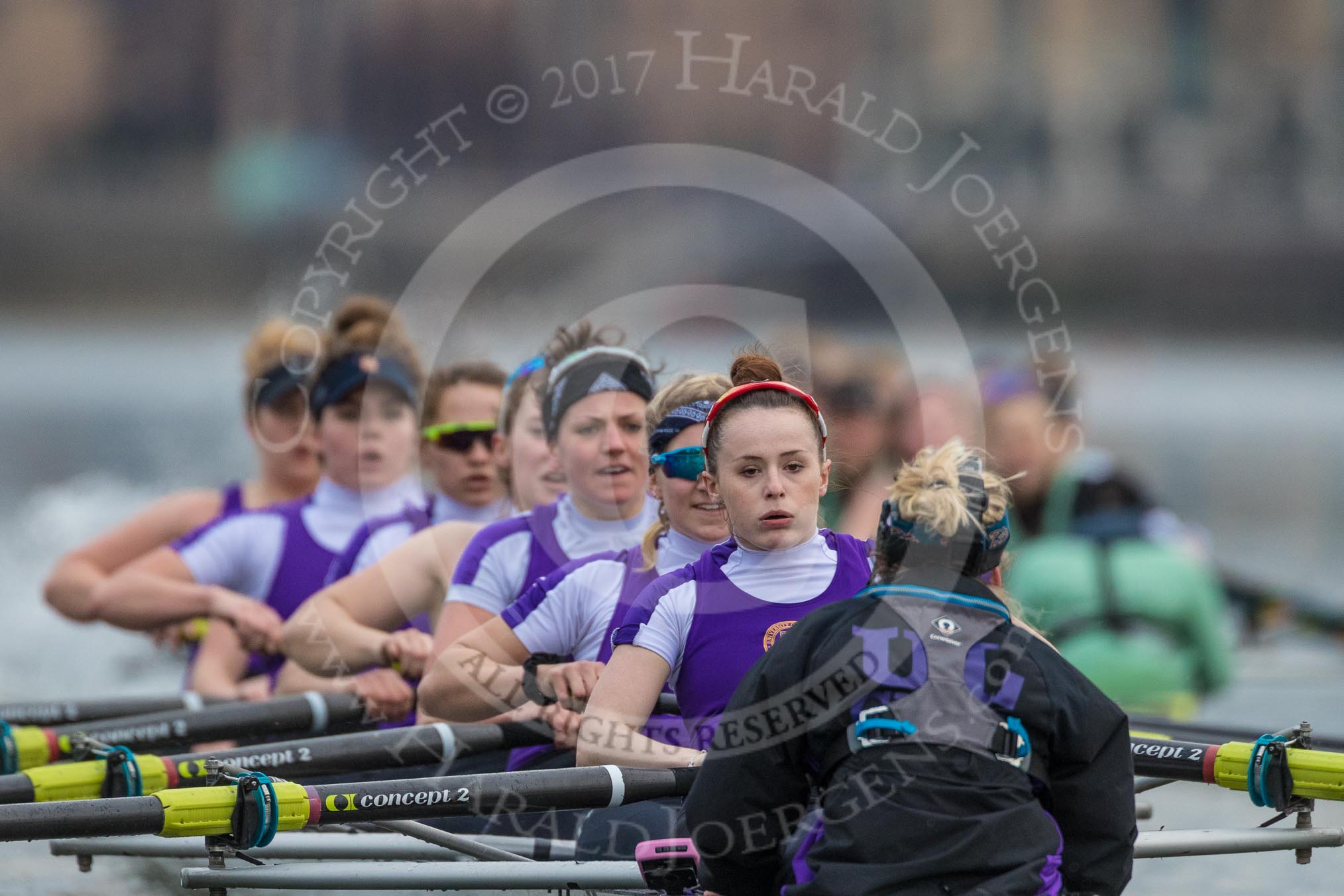 The Boat Race season 2017 - Women's Boat Race Fixture CUWBC vs Univerity of London: The UL eigth, cox - Lauren Holland, stroke - Robyn Hart-Winks, 7 - Ally French, 6 - Georgia Stratham, 5 - Charlotte Hodgkins-Byrne, 4 - Sara Parfett, 3 - Fionnuala Gannon, 2 - Catherine Ador, bow - Emily Wilks.
River Thames between Putney Bridge and Mortlake,
London SW15,

United Kingdom,
on 19 February 2017 at 16:05, image #85