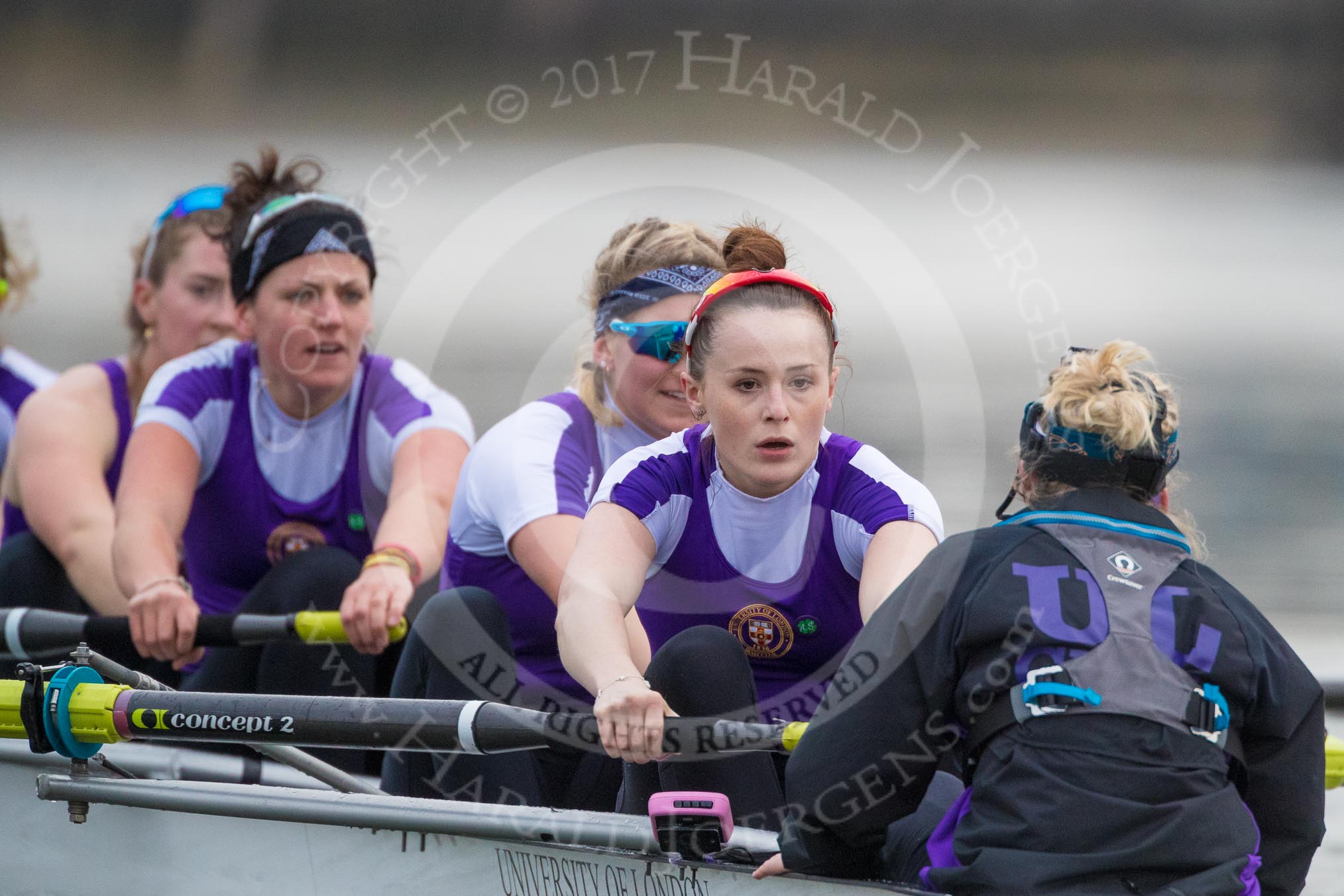 The Boat Race season 2017 - Women's Boat Race Fixture CUWBC vs Univerity of London: The UL eigth, cox - Lauren Holland, stroke - Robyn Hart-Winks, 7 - Ally French, 6 - Georgia Stratham, 5 - Charlotte Hodgkins-Byrne, 4 - Sara Parfett, 3 - Fionnuala Gannon, 2 - Catherine Ador, bow - Emily Wilks.
River Thames between Putney Bridge and Mortlake,
London SW15,

United Kingdom,
on 19 February 2017 at 16:05, image #87