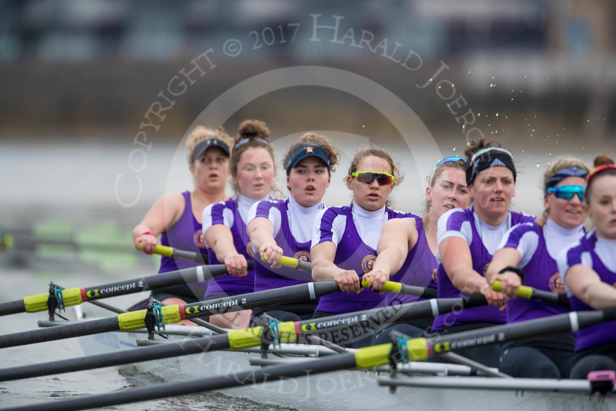 The Boat Race season 2017 - Women's Boat Race Fixture CUWBC vs Univerity of London: The UL eigth, cox - Lauren Holland, stroke - Robyn Hart-Winks, 7 - Ally French, 6 - Georgia Stratham, 5 - Charlotte Hodgkins-Byrne, 4 - Sara Parfett, 3 - Fionnuala Gannon, 2 - Catherine Ador, bow - Emily Wilks.
River Thames between Putney Bridge and Mortlake,
London SW15,

United Kingdom,
on 19 February 2017 at 16:05, image #88