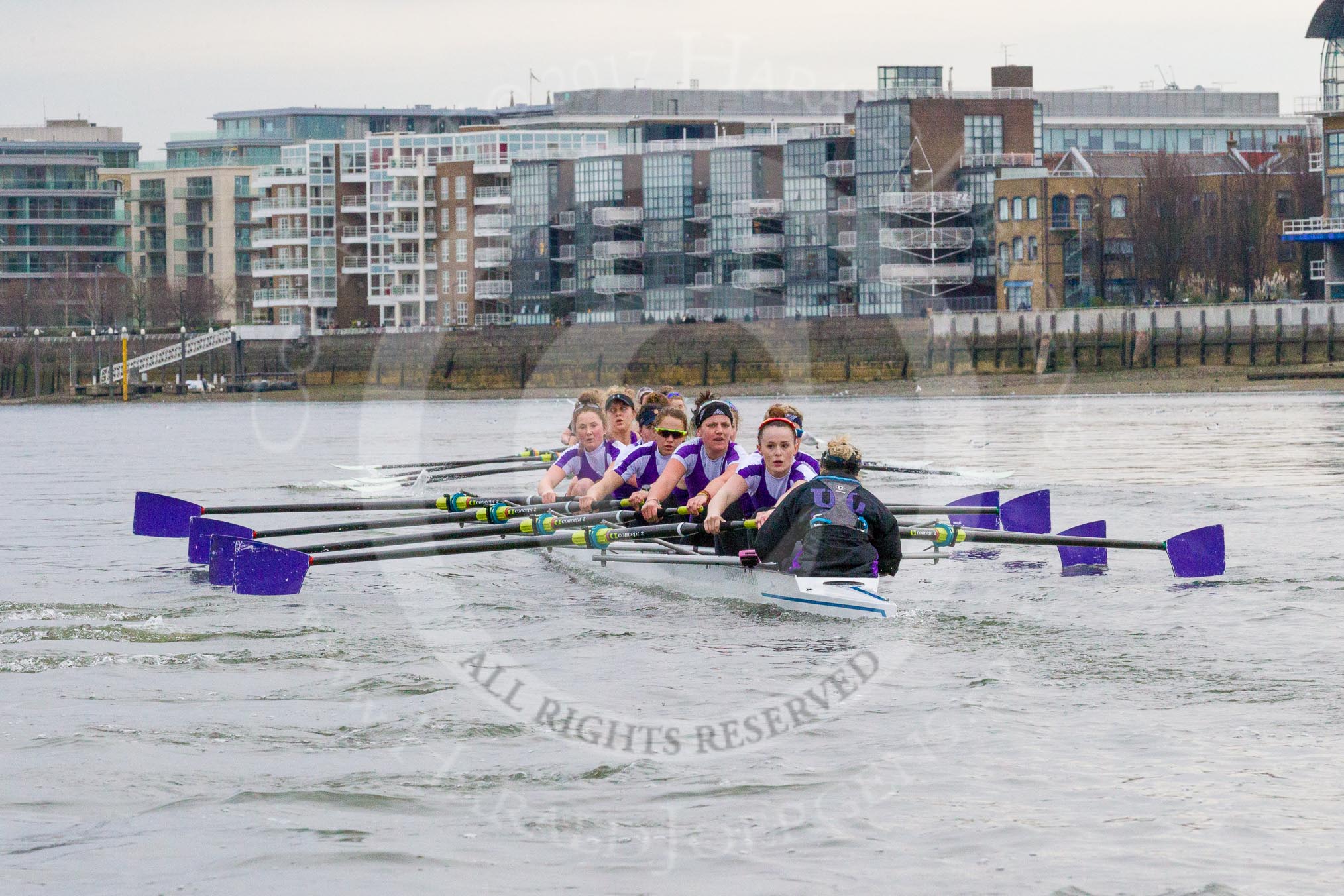 The Boat Race season 2017 - Women's Boat Race Fixture CUWBC vs Univerity of London: CUWBC ahead of UL BC by at least ome length between the Milepost and Hammersmith Bridge.
River Thames between Putney Bridge and Mortlake,
London SW15,

United Kingdom,
on 19 February 2017 at 16:06, image #89
