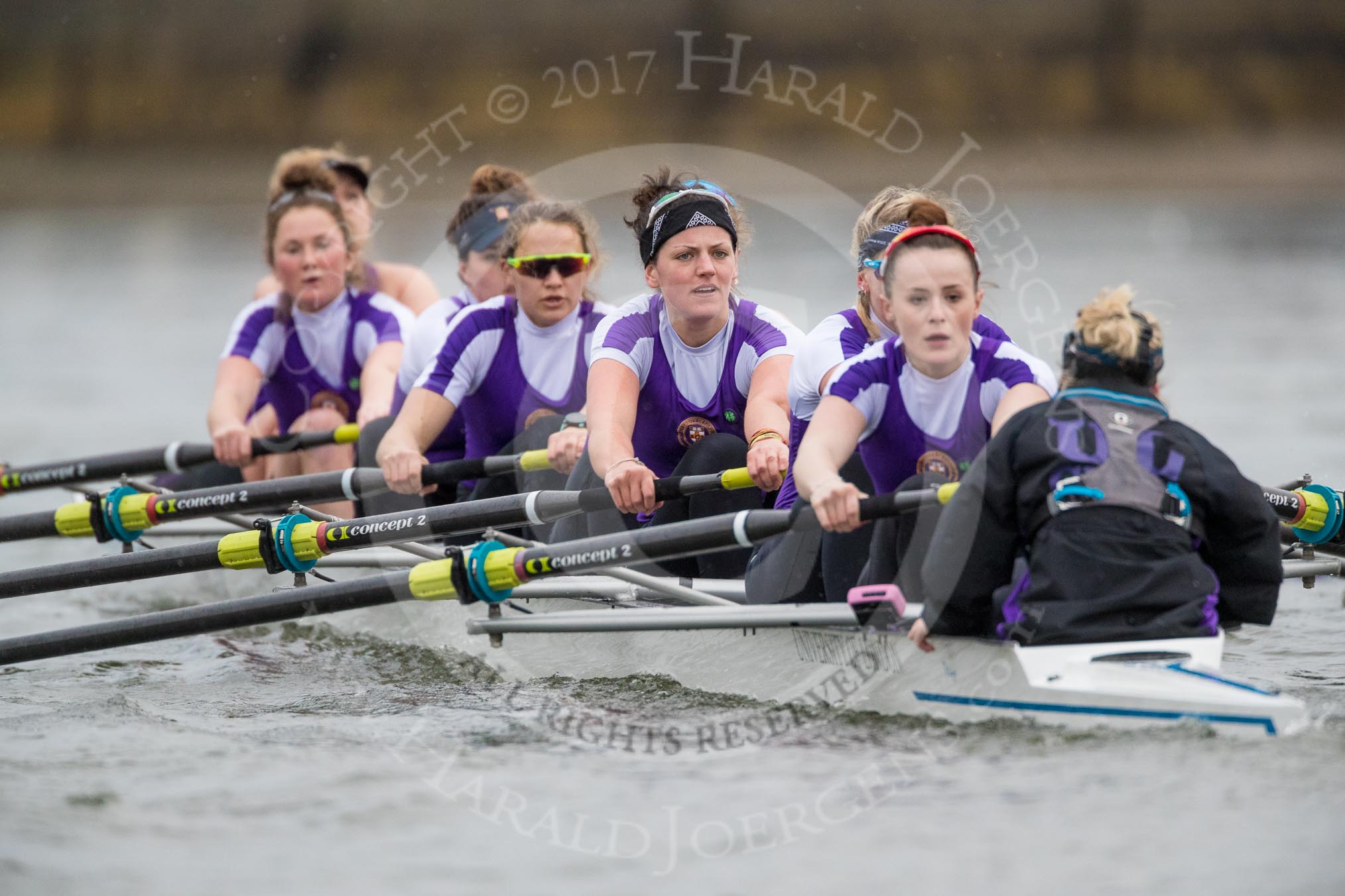 The Boat Race season 2017 - Women's Boat Race Fixture CUWBC vs Univerity of London: The UL eigth, cox - Lauren Holland, stroke - Robyn Hart-Winks, 7 - Ally French, 6 - Georgia Stratham, 5 - Charlotte Hodgkins-Byrne, 4 - Sara Parfett, 3 - Fionnuala Gannon, 2 - Catherine Ador, bow - Emily Wilks.
River Thames between Putney Bridge and Mortlake,
London SW15,

United Kingdom,
on 19 February 2017 at 16:07, image #91