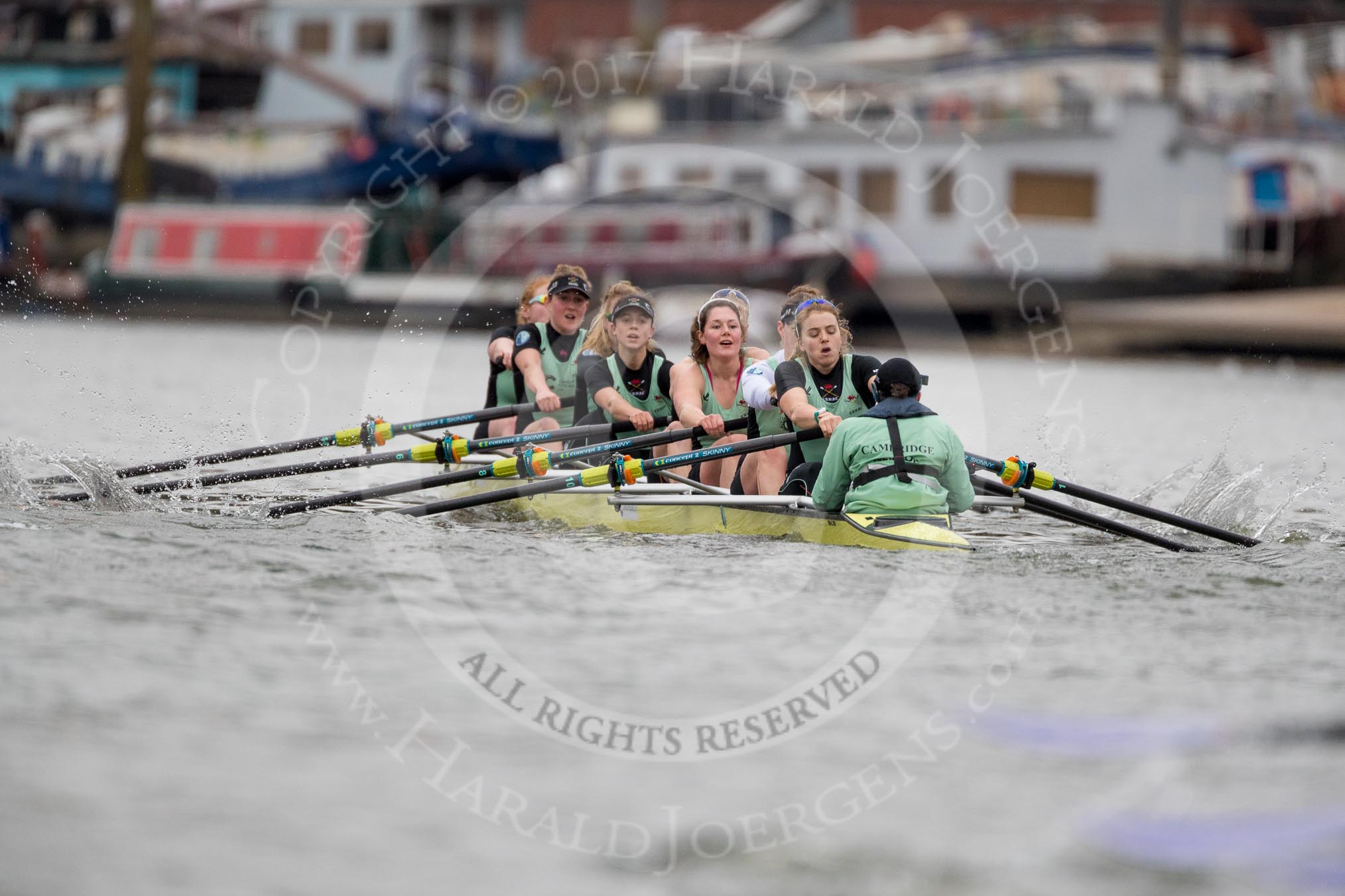The Boat Race season 2017 - Women's Boat Race Fixture CUWBC vs Univerity of London: The CUWBC eight leading by more than one length on the approach to Hammersmith Bridge - cox - Matthew Holland, stroke - Alice White, 7 - Myriam Goudet, 6 - Melissa Wilson, 5 - Holy Hill, 4 - Imogen Grant, 3 - Ashton Brown, 2 - Kirsten Van Fosen, bow - Claire Lambe.
River Thames between Putney Bridge and Mortlake,
London SW15,

United Kingdom,
on 19 February 2017 at 16:09, image #95
