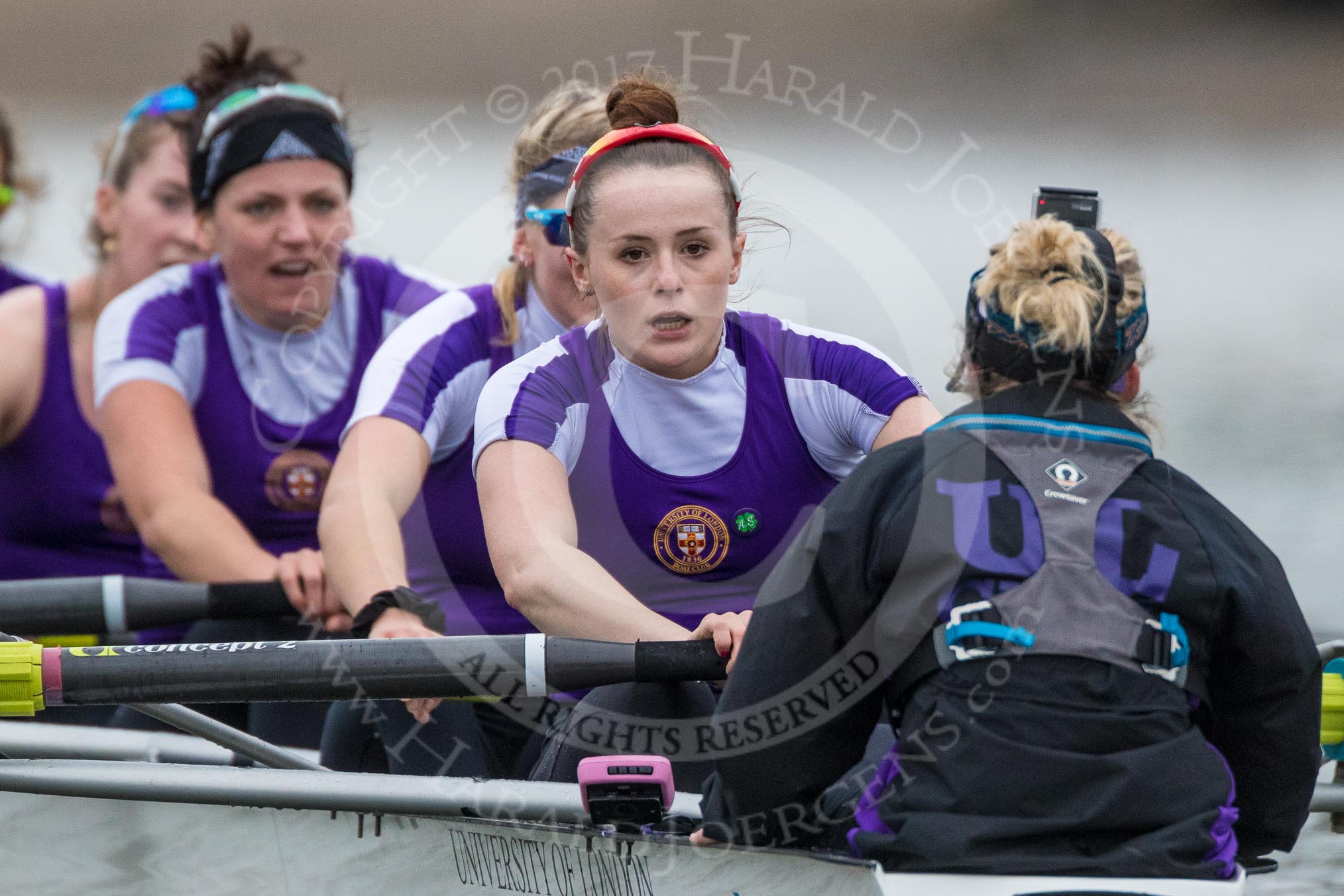 The Boat Race season 2017 - Women's Boat Race Fixture CUWBC vs Univerity of London: The UL eigth, bow - Emily Wilks, 2 - Catherine Ador, 3 - Fionnuala Gannon, 4 - Sara Parfett, 5 - Charlotte Hodgkins-Byrne, 6 - Georgia Stratham, 7 - Ally French, stroke - Robyn Hart-Winks, cox - Lauren Holland.
River Thames between Putney Bridge and Mortlake,
London SW15,

United Kingdom,
on 19 February 2017 at 16:09, image #97
