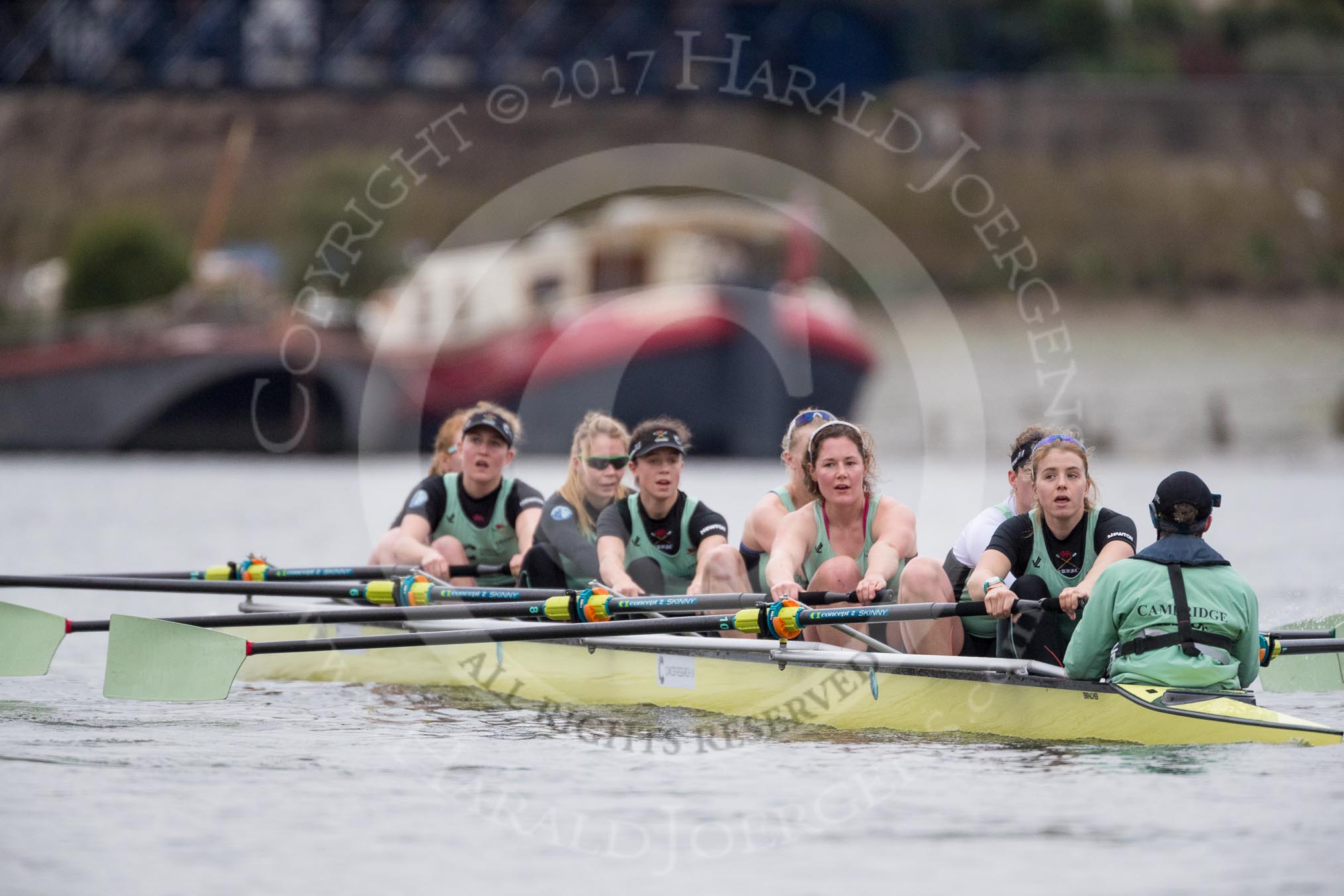 The Boat Race season 2017 - Women's Boat Race Fixture CUWBC vs Univerity of London: The CUWBC eight leading by more than one length on the approach to Hammersmith Bridge - cox - Matthew Holland, stroke - Alice White, 7 - Myriam Goudet, 6 - Melissa Wilson, 5 - Holy Hill, 4 - Imogen Grant, 3 - Ashton Brown, 2 - Kirsten Van Fosen, bow - Claire Lambe.
River Thames between Putney Bridge and Mortlake,
London SW15,

United Kingdom,
on 19 February 2017 at 16:09, image #99