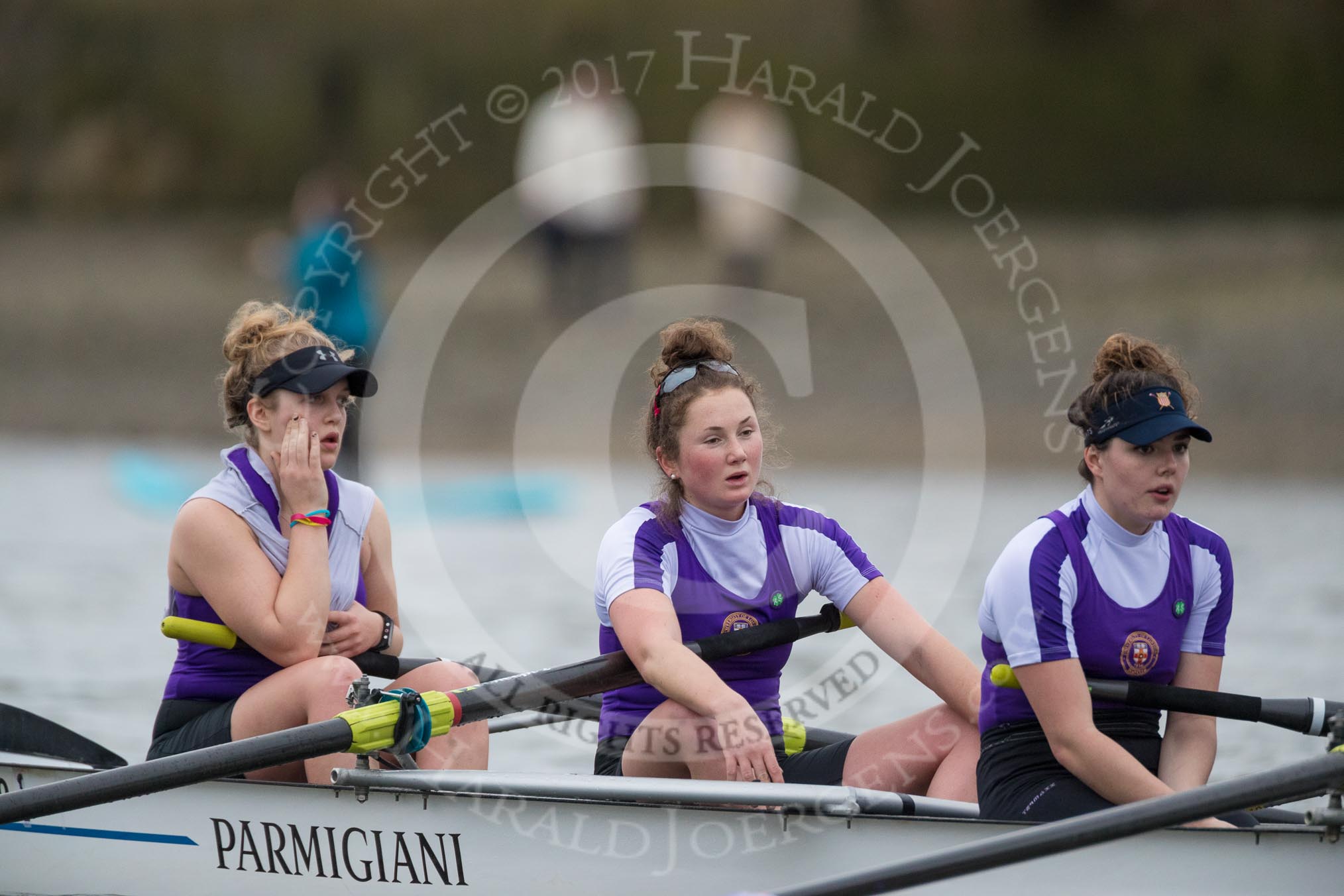 The Boat Race season 2017 - Women's Boat Race Fixture CUWBC vs Univerity of London: The UL boat, here bow - Emily Wilks, 2 - Catherine Ador, 3 - Fionnuala Gannon.
River Thames between Putney Bridge and Mortlake,
London SW15,

United Kingdom,
on 19 February 2017 at 16:14, image #100