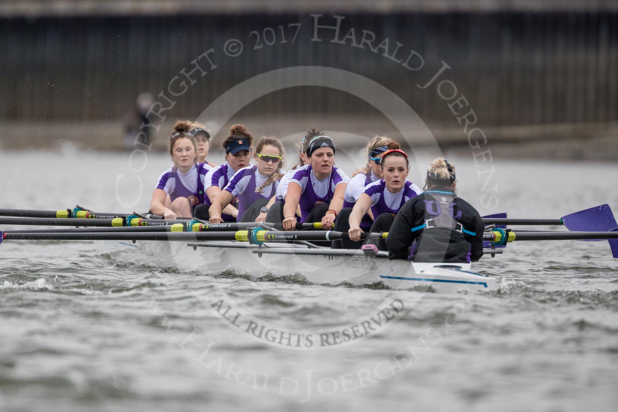 Photo 1702191619151X27655HaraldJoergens The Boat Race season 2017 - Women's Boat Race Fixture CUWBC vs Univerity of London: The UL eigth, bow - Emily Wilks, 2 - Catherine Ador, 3 - Fionnuala Gannon, 4 - Sara Parfett, 5 - Charlotte Hodgkins-Byrne, 6 - Georgia Stratham, 7 - Ally French, stroke - Robyn Hart-Winks, cox - Lauren Holland.
River Thames between Putney Bridge and Mortlake,
London SW15,
United Kingdom,
on 19 February 2017 at 16:19, image #109