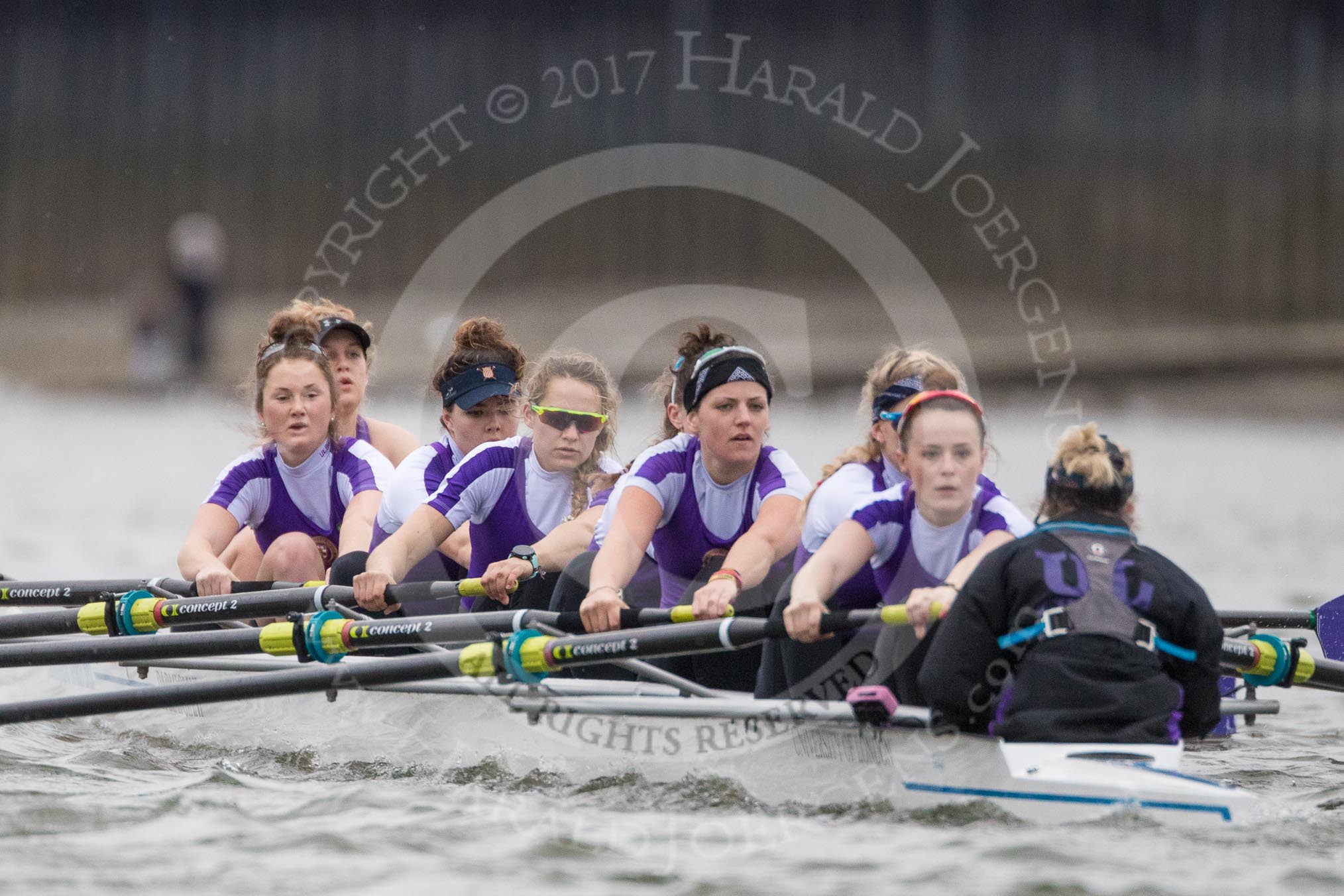 The Boat Race season 2017 - Women's Boat Race Fixture CUWBC vs Univerity of London: The UL eigth, bow - Emily Wilks, 2 - Catherine Ador, 3 - Fionnuala Gannon, 4 - Sara Parfett, 5 - Charlotte Hodgkins-Byrne, 6 - Georgia Stratham, 7 - Ally French, stroke - Robyn Hart-Winks, cox - Lauren Holland.
River Thames between Putney Bridge and Mortlake,
London SW15,

United Kingdom,
on 19 February 2017 at 16:19, image #110