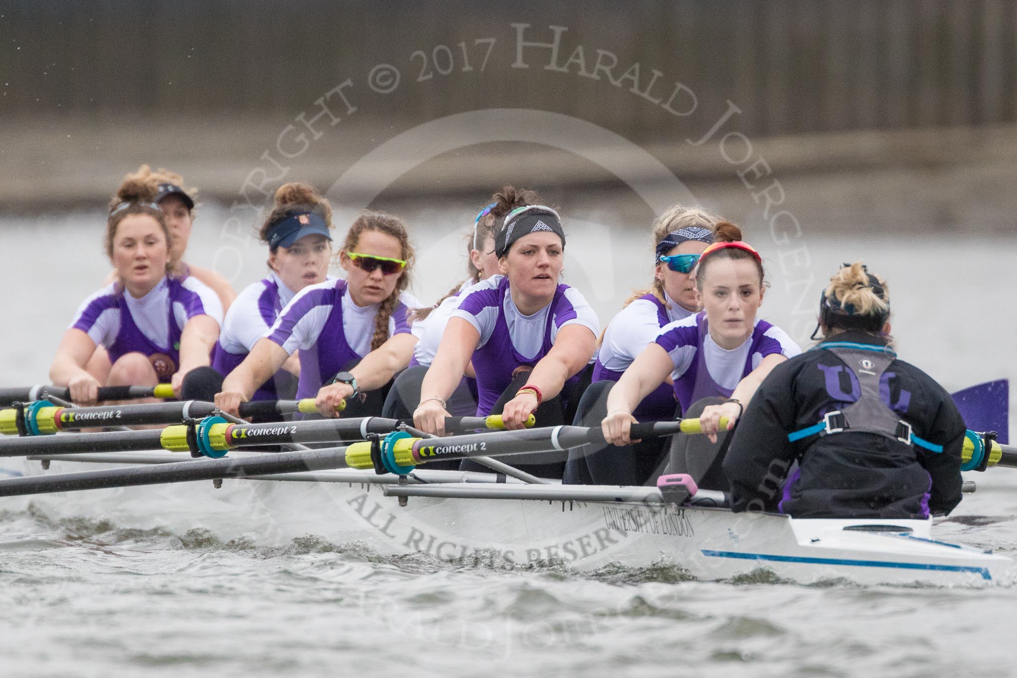 The Boat Race season 2017 - Women's Boat Race Fixture CUWBC vs Univerity of London: The UL eigth, bow - Emily Wilks, 2 - Catherine Ador, 3 - Fionnuala Gannon, 4 - Sara Parfett, 5 - Charlotte Hodgkins-Byrne, 6 - Georgia Stratham, 7 - Ally French, stroke - Robyn Hart-Winks, cox - Lauren Holland.
River Thames between Putney Bridge and Mortlake,
London SW15,

United Kingdom,
on 19 February 2017 at 16:19, image #112