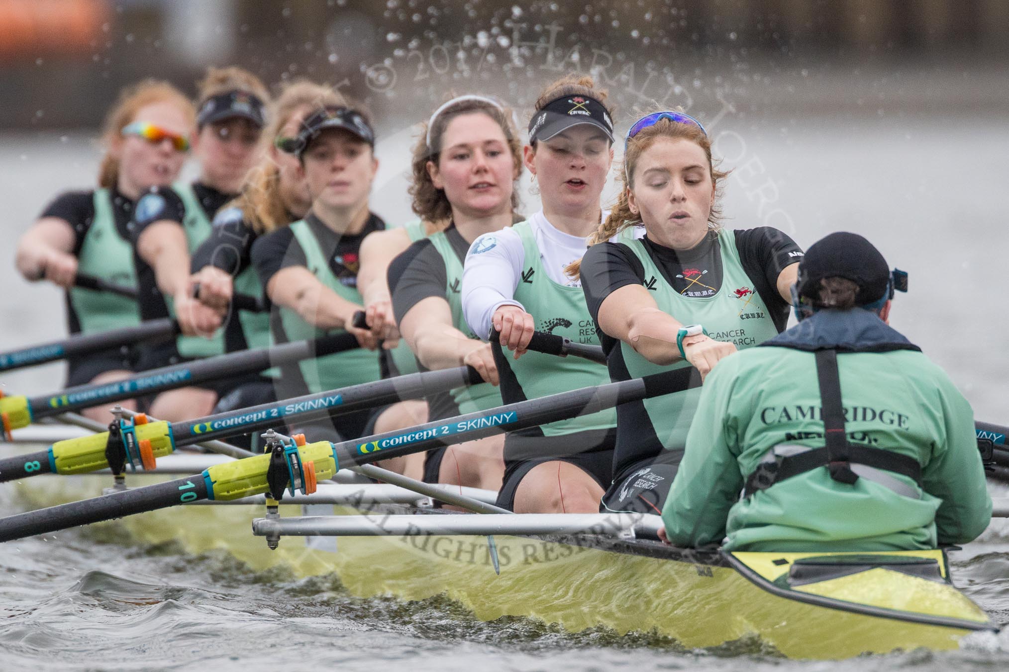 The Boat Race season 2017 - Women's Boat Race Fixture CUWBC vs Univerity of London: The CUWBC eight starting the second piece of the fixture, bow - Claire Lambe, 2 - Kirsten Van Fosen, 3 - Ashton Brown, 4 - Imogen Grant, 5 - Holy Hill, 6 - Melissa Wilson, 7 - Myriam Goudet, stroke - Alice White, cox - Matthew Holland.
River Thames between Putney Bridge and Mortlake,
London SW15,

United Kingdom,
on 19 February 2017 at 16:19, image #113