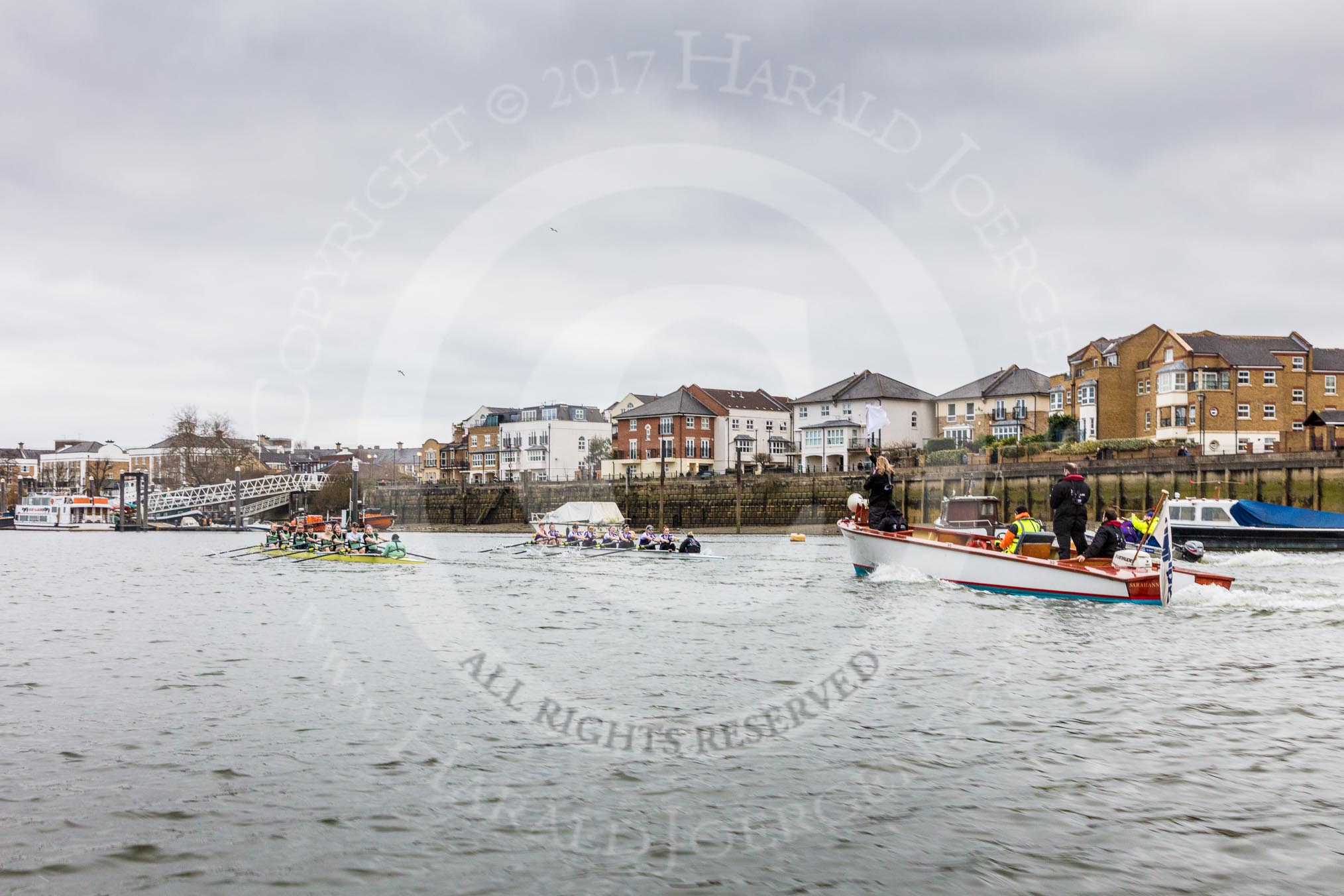 The Boat Race season 2017 - Women's Boat Race Fixture CUWBC vs Univerity of London: Race umpire Sarah Winckless in the umpire's launch at the flying start to the second piece of the fixture.
River Thames between Putney Bridge and Mortlake,
London SW15,

United Kingdom,
on 19 February 2017 at 16:20, image #117