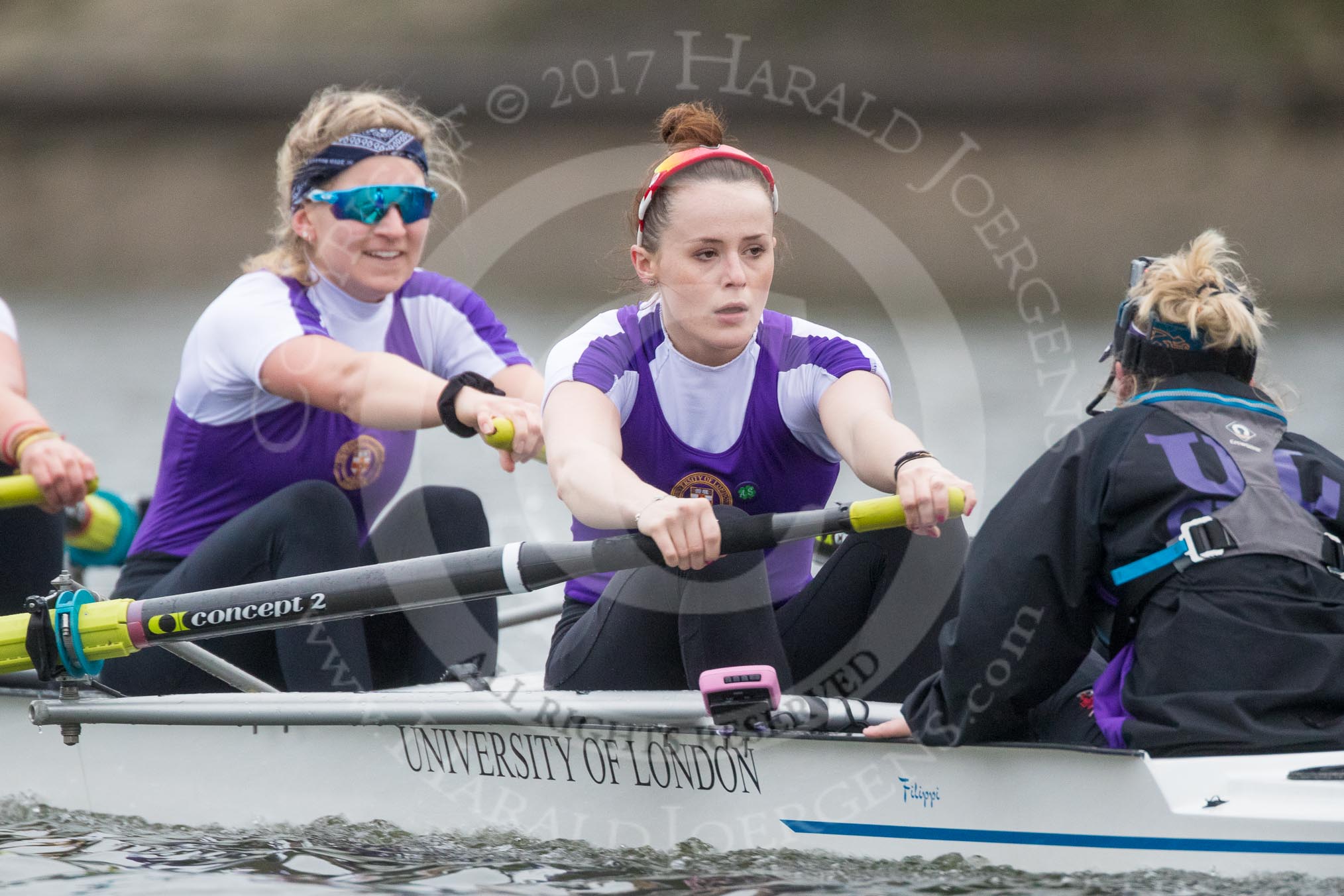 The Boat Race season 2017 - Women's Boat Race Fixture CUWBC vs Univerity of London: The UL eight, here 7 - Ally French, stroke - Robyn Hart-Winks, cox - Lauren Holland.
River Thames between Putney Bridge and Mortlake,
London SW15,

United Kingdom,
on 19 February 2017 at 16:22, image #124