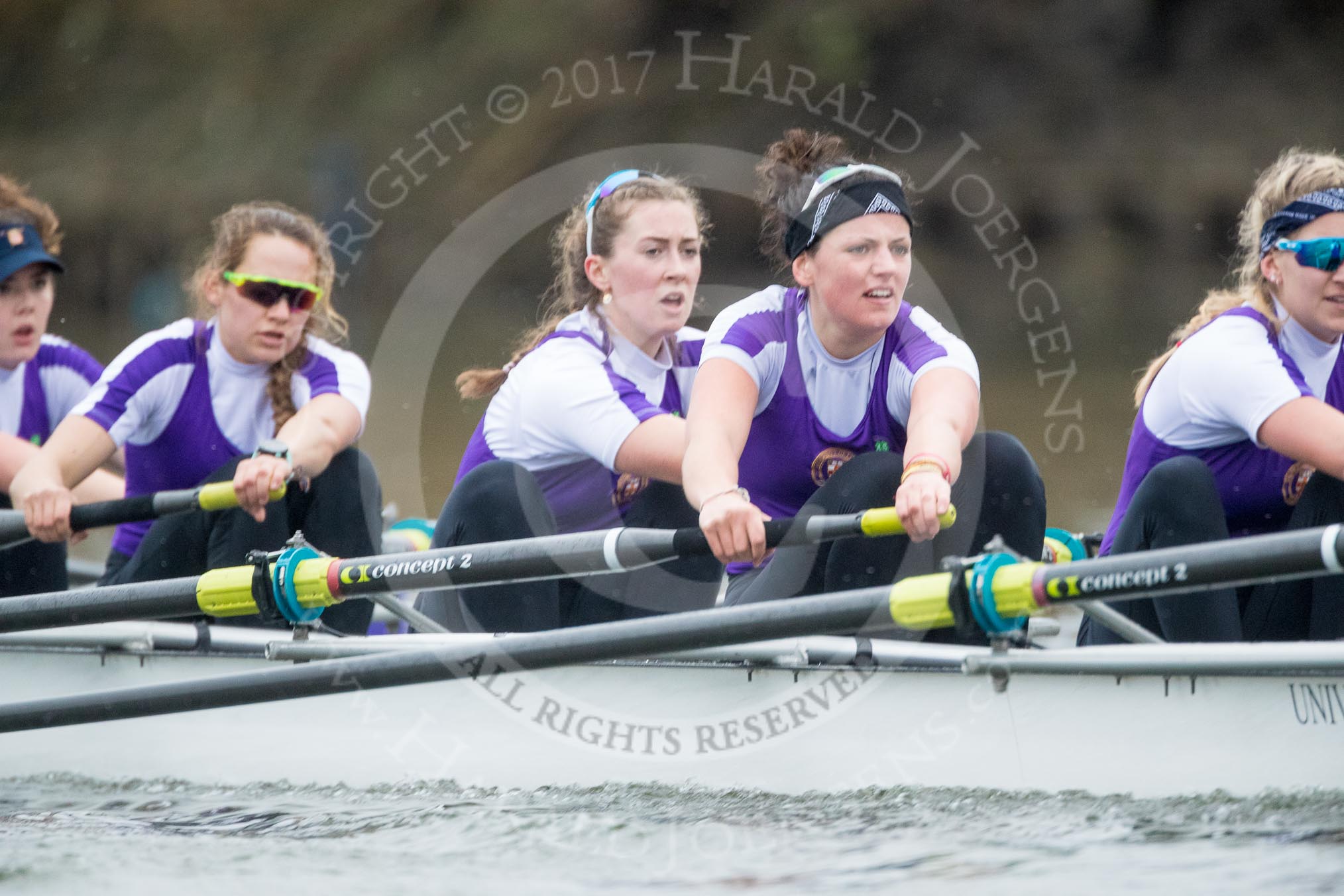 The Boat Race season 2017 - Women's Boat Race Fixture CUWBC vs Univerity of London: The UL boat, here 3 - Fionnuala Gannon, 4 - Sara Parfett, 5 - Charlotte Hodgkins-Byrne, 6 - Georgia Stratham, 7 - Ally French.
River Thames between Putney Bridge and Mortlake,
London SW15,

United Kingdom,
on 19 February 2017 at 16:22, image #125