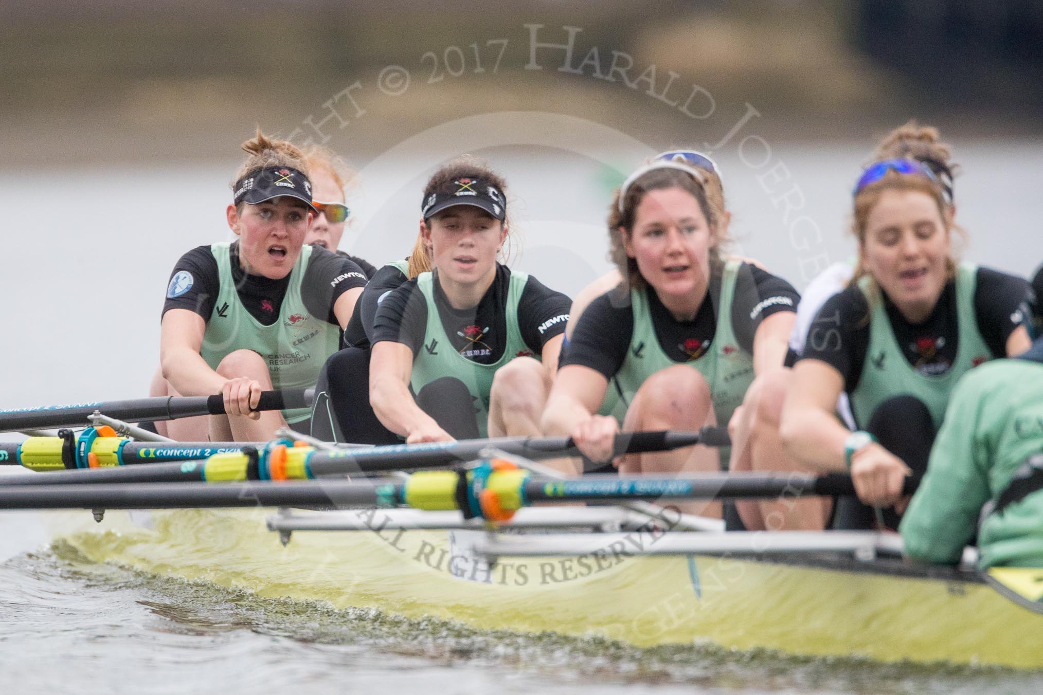The Boat Race season 2017 - Women's Boat Race Fixture CUWBC vs Univerity of London: The CUWBC after the start of the second piece of the fixture, bow - Claire Lambe, 2 - Kirsten Van Fosen, 3 - Ashton Brown, 4 - Imogen Grant, 5 - Holy Hill, 6 - Melissa Wilson, 7 - Myriam Goudet, stroke - Alice White, cox - Matthew Holland.
River Thames between Putney Bridge and Mortlake,
London SW15,

United Kingdom,
on 19 February 2017 at 16:22, image #126