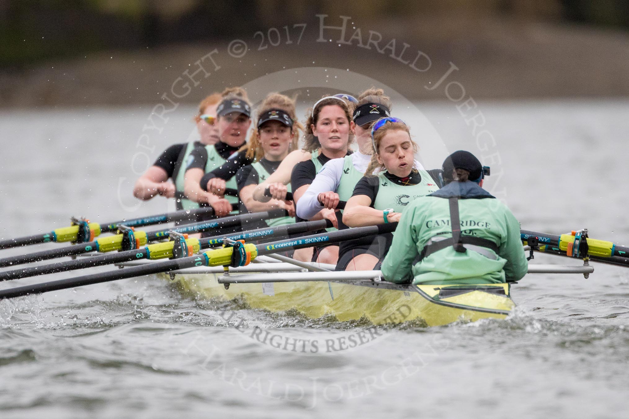 The Boat Race season 2017 - Women's Boat Race Fixture CUWBC vs Univerity of London: The CUWBC eight, bow - Claire Lambe, 2 - Kirsten Van Fosen, 3 - Ashton Brown, 4 - Imogen Grant, 5 - Holy Hill, 6 - Melissa Wilson, 7 - Myriam Goudet, stroke - Alice White, cox - Matthew Holland.
River Thames between Putney Bridge and Mortlake,
London SW15,

United Kingdom,
on 19 February 2017 at 16:25, image #134