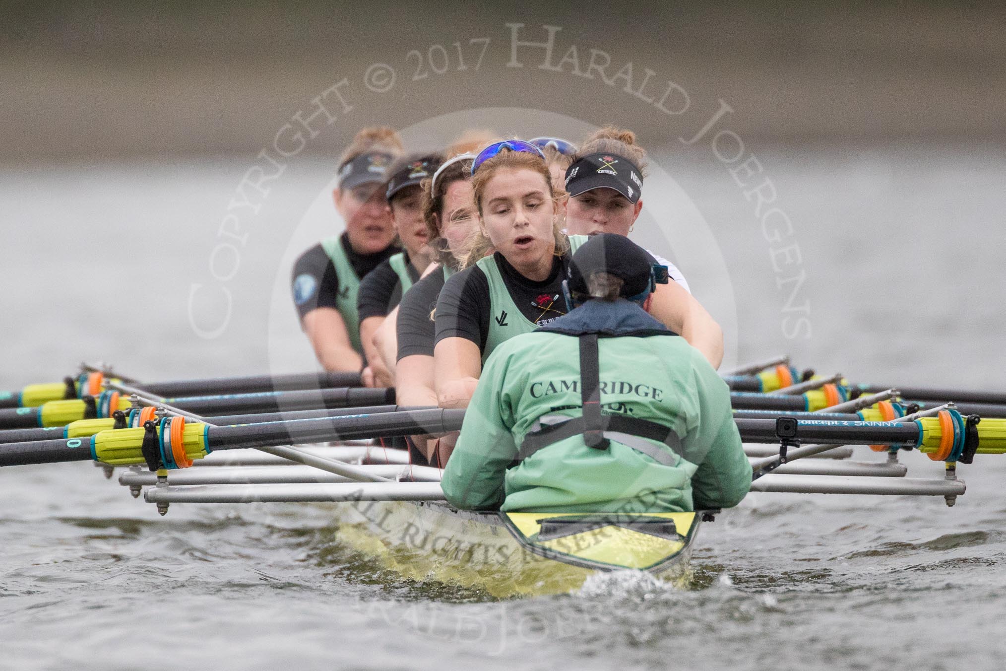 The Boat Race season 2017 - Women's Boat Race Fixture CUWBC vs Univerity of London: The CUWBC eight, bow - Claire Lambe, 2 - Kirsten Van Fosen, 3 - Ashton Brown, 4 - Imogen Grant, 5 - Holy Hill, 6 - Melissa Wilson, 7 - Myriam Goudet, stroke - Alice White, cox - Matthew Holland.
River Thames between Putney Bridge and Mortlake,
London SW15,

United Kingdom,
on 19 February 2017 at 16:26, image #138