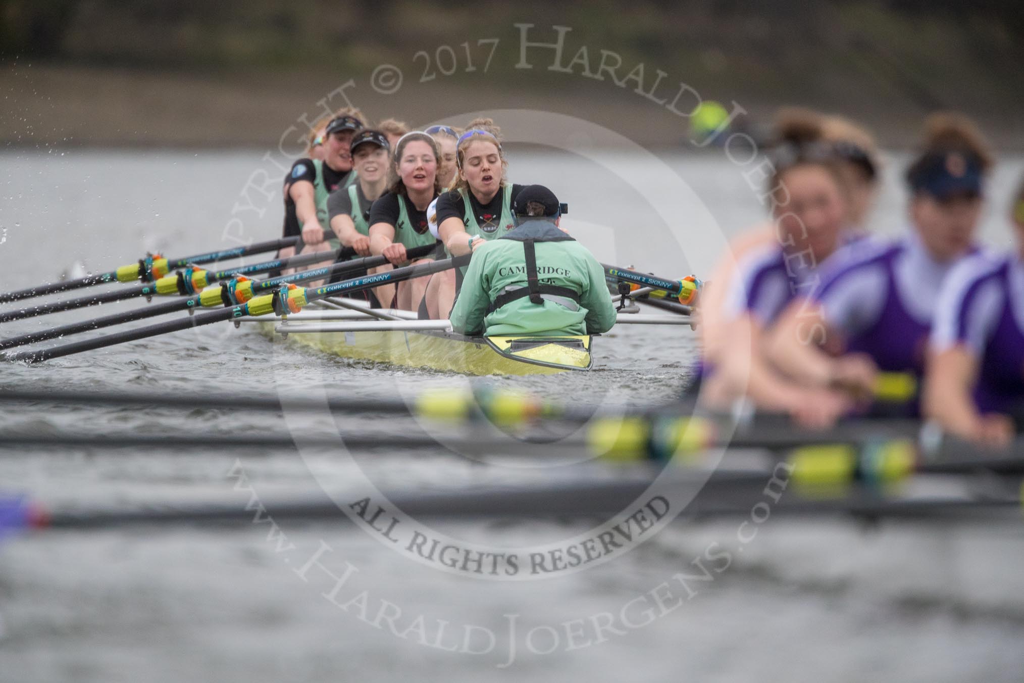 The Boat Race season 2017 - Women's Boat Race Fixture CUWBC vs Univerity of London: The CUWBC eight in the lead on the apporach to the finish, bow - Claire Lambe, 2 - Kirsten Van Fosen, 3 - Ashton Brown, 4 - Imogen Grant, 5 - Holy Hill, 6 - Melissa Wilson, 7 - Myriam Goudet, stroke - Alice White, cox - Matthew Holland.
River Thames between Putney Bridge and Mortlake,
London SW15,

United Kingdom,
on 19 February 2017 at 16:27, image #141
