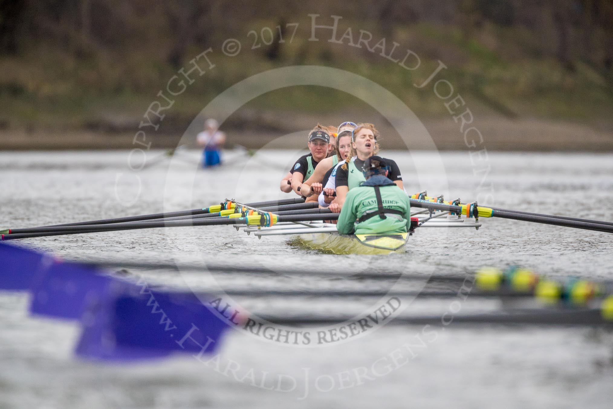 The Boat Race season 2017 - Women's Boat Race Fixture CUWBC vs Univerity of London: The CUWBC eight in the lead on the apporach to the finish, bow - Claire Lambe, 2 - Kirsten Van Fosen, 3 - Ashton Brown, 4 - Imogen Grant, 5 - Holy Hill, 6 - Melissa Wilson, 7 - Myriam Goudet, stroke - Alice White, cox - Matthew Holland.
River Thames between Putney Bridge and Mortlake,
London SW15,

United Kingdom,
on 19 February 2017 at 16:28, image #145