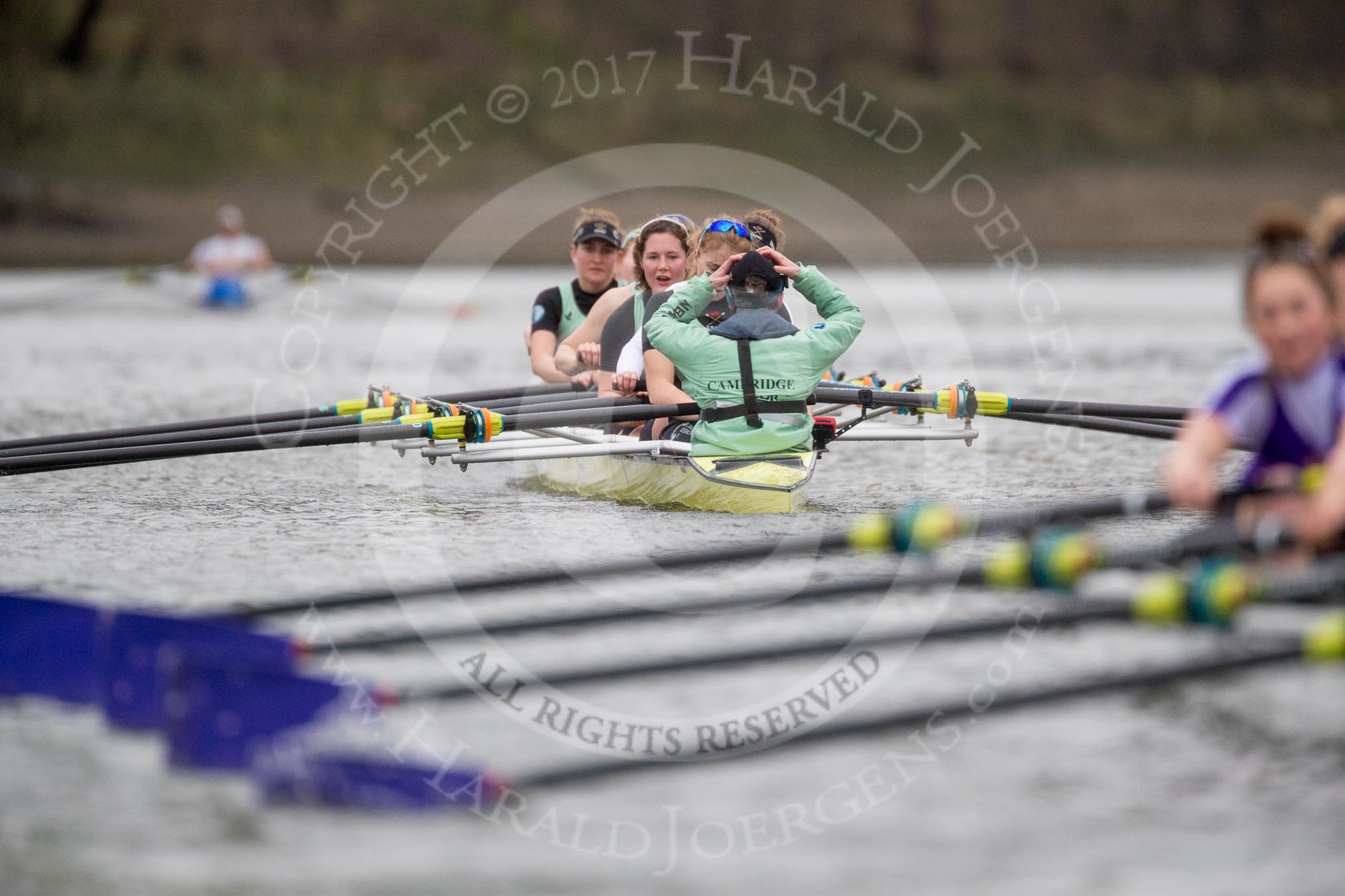 The Boat Race season 2017 - Women's Boat Race Fixture CUWBC vs Univerity of London: The CUWBC eight after crossing the finish line at Chiswick Bridge, bow - Claire Lambe, 2 - Kirsten Van Fosen, 3 - Ashton Brown, 4 - Imogen Grant, 5 - Holy Hill, 6 - Melissa Wilson, 7 - Myriam Goudet, stroke - Alice White, cox - Matthew Holland.
River Thames between Putney Bridge and Mortlake,
London SW15,

United Kingdom,
on 19 February 2017 at 16:28, image #146