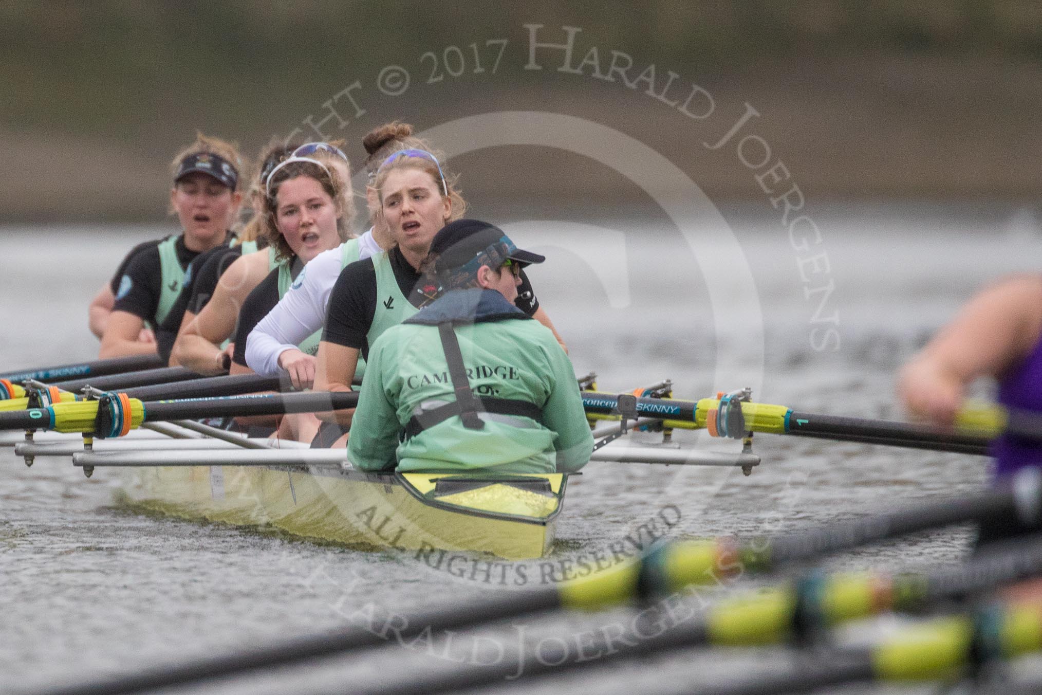 The Boat Race season 2017 - Women's Boat Race Fixture CUWBC vs Univerity of London: The CUWBC eight after crossing the finish line at Chiswick Bridge, bow - Claire Lambe, 2 - Kirsten Van Fosen, 3 - Ashton Brown, 4 - Imogen Grant, 5 - Holy Hill, 6 - Melissa Wilson, 7 - Myriam Goudet, stroke - Alice White, cox - Matthew Holland.
River Thames between Putney Bridge and Mortlake,
London SW15,

United Kingdom,
on 19 February 2017 at 16:28, image #147
