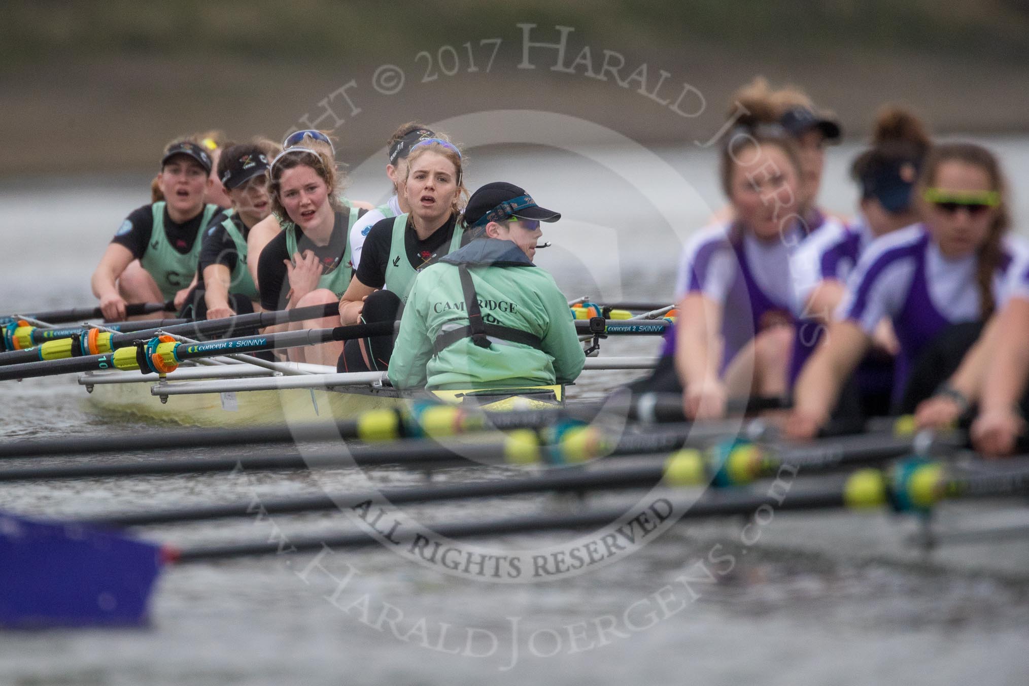 The Boat Race season 2017 - Women's Boat Race Fixture CUWBC vs Univerity of London: The CUWBC eight after crossing the finish line at Chiswick Bridge, bow - Claire Lambe, 2 - Kirsten Van Fosen, 3 - Ashton Brown, 4 - Imogen Grant, 5 - Holy Hill, 6 - Melissa Wilson, 7 - Myriam Goudet, stroke - Alice White, cox - Matthew Holland.
River Thames between Putney Bridge and Mortlake,
London SW15,

United Kingdom,
on 19 February 2017 at 16:28, image #148
