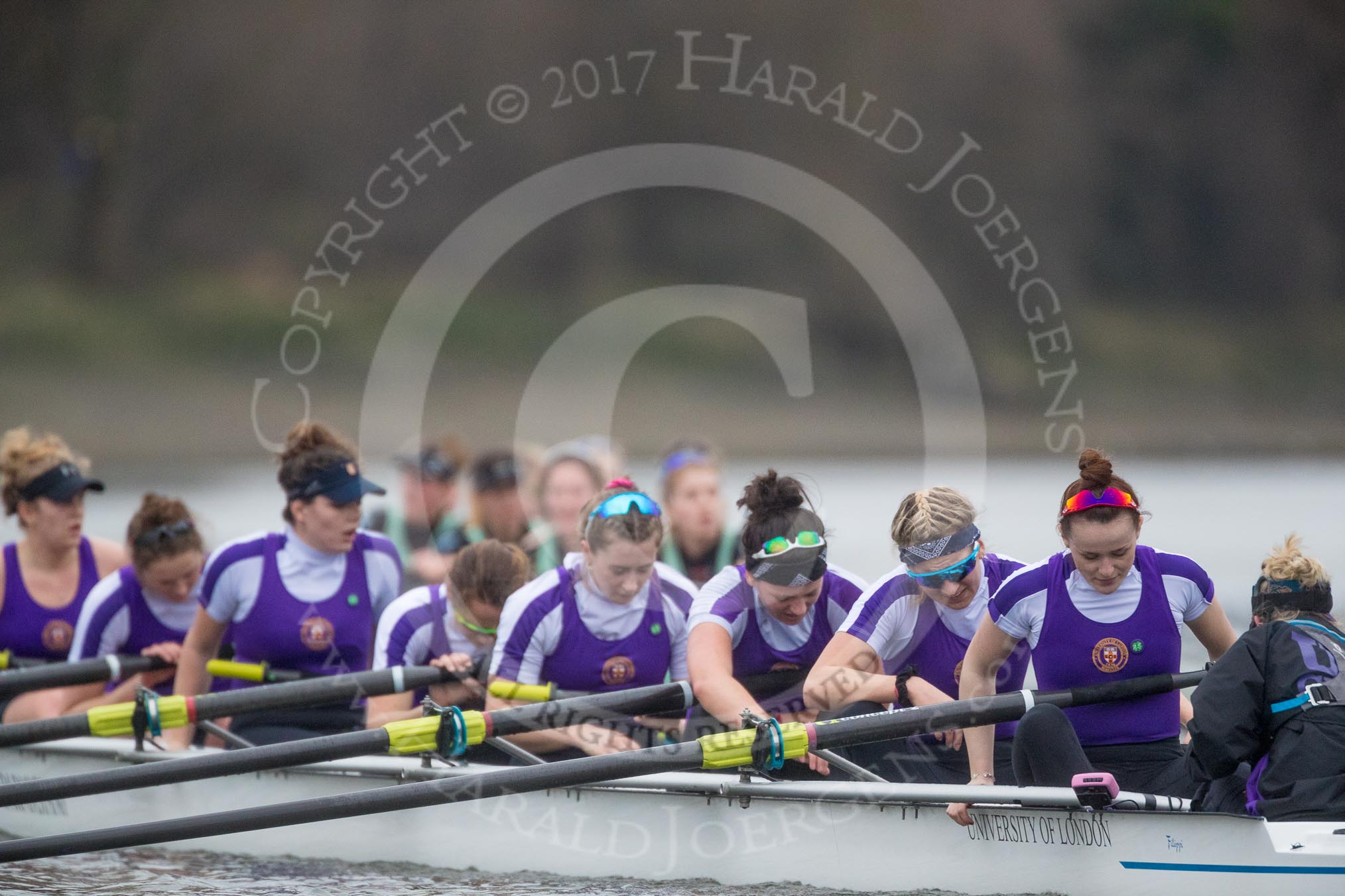 The Boat Race season 2017 - Women's Boat Race Fixture CUWBC vs Univerity of London: The UL eight seen in front of the CUWBC boat after crossing the finish line, bow - Emily Wilks, 2 - Catherine Ador, 3 - Fionnuala Gannon, 4 - Sara Parfett, 5 - Charlotte Hodgkins-Byrne, 6 - Georgia Stratham, 7 - Ally French, stroke - Robyn Hart-Winks, cox - Lauren Holland.
River Thames between Putney Bridge and Mortlake,
London SW15,

United Kingdom,
on 19 February 2017 at 16:28, image #149