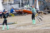 The Boat Race season 2017 - Women's Boat Race Fixture CUWBC vs Univerity of London: CUWBC's 4, Imogen Grant, and stroke Alice White carrying oars from the boat house.
River Thames between Putney Bridge and Mortlake,
London SW15,

United Kingdom,
on 19 February 2017 at 15:13, image #2