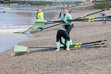 The Boat Race season 2017 - Women's Boat Race Fixture CUWBC vs Univerity of London: CUWBC's 4, Imogen Grant, and stroke Alice White carrying oars from the boat house.
River Thames between Putney Bridge and Mortlake,
London SW15,

United Kingdom,
on 19 February 2017 at 15:13, image #3