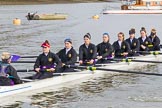 The Boat Race season 2017 - Women's Boat Race Fixture CUWBC vs Univerity of London: The UL boat before the reace, here cox - Lauren Holland, stroke - Robyn Hart-Winks, 7 - Ally French, 6 - Georgia Stratham, 5 - Charlotte Hodgkins-Byrne, 4 - Sara Parfett, 3 - Fionnuala Gannon, 2 - Catherine Ador, bow - Emily Wilks.
River Thames between Putney Bridge and Mortlake,
London SW15,

United Kingdom,
on 19 February 2017 at 15:22, image #17