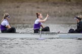 The Boat Race season 2017 - Women's Boat Race Fixture CUWBC vs Univerity of London: The UL eight before the start of the race,  7 - Ally French, stroke - Robyn Hart-Winks, cox - Lauren Holland.
River Thames between Putney Bridge and Mortlake,
London SW15,

United Kingdom,
on 19 February 2017 at 15:57, image #46