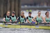 The Boat Race season 2017 - Women's Boat Race Fixture CUWBC vs Univerity of London: The CUWBC eight before the start of the race, bow - Claire Lambe, 2 - Kirsten Van Fosen, 3 - Ashton Brown, 4 - Imogen Grant, 5 - Holy Hill, 6 - Melissa Wilson.
River Thames between Putney Bridge and Mortlake,
London SW15,

United Kingdom,
on 19 February 2017 at 15:58, image #49