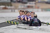 The Boat Race season 2017 - Women's Boat Race Fixture CUWBC vs Univerity of London: The UL eight seconds before the start of the race,  cox - Lauren Holland, stroke - Robyn Hart-Winks, 7 - Ally French, 6 - Georgia Stratham, 5 - Charlotte Hodgkins-Byrne, 4 - Sara Parfett, 3 - Fionnuala Gannon, 2 - Catherine Ador, bow - Emily Wilks.
River Thames between Putney Bridge and Mortlake,
London SW15,

United Kingdom,
on 19 February 2017 at 15:59, image #52