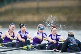The Boat Race season 2017 - Women's Boat Race Fixture CUWBC vs Univerity of London: The UL eight at the start of the race,  5 - Charlotte Hodgkins-Byrne, 4 - Sara Parfett, 3 - Fionnuala Gannon, 2 - Catherine Ador, bow - Emily Wilks.
River Thames between Putney Bridge and Mortlake,
London SW15,

United Kingdom,
on 19 February 2017 at 16:01, image #63