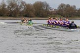 The Boat Race season 2017 - Women's Boat Race Fixture CUWBC vs Univerity of London: The CUWBC boat has taken the lead by at least one length near the milepost.
River Thames between Putney Bridge and Mortlake,
London SW15,

United Kingdom,
on 19 February 2017 at 16:04, image #79