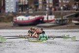The Boat Race season 2017 - Women's Boat Race Fixture CUWBC vs Univerity of London: The CUWBC eight leading by more than one length on the approach to Hammersmith Bridge - cox - Matthew Holland, stroke - Alice White, 7 - Myriam Goudet, 6 - Melissa Wilson, 5 - Holy Hill, 4 - Imogen Grant, 3 - Ashton Brown, 2 - Kirsten Van Fosen, bow - Claire Lambe.
River Thames between Putney Bridge and Mortlake,
London SW15,

United Kingdom,
on 19 February 2017 at 16:08, image #94