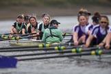 The Boat Race season 2017 - Women's Boat Race Fixture CUWBC vs Univerity of London: The CUWBC eight after crossing the finish line at Chiswick Bridge, bow - Claire Lambe, 2 - Kirsten Van Fosen, 3 - Ashton Brown, 4 - Imogen Grant, 5 - Holy Hill, 6 - Melissa Wilson, 7 - Myriam Goudet, stroke - Alice White, cox - Matthew Holland.
River Thames between Putney Bridge and Mortlake,
London SW15,

United Kingdom,
on 19 February 2017 at 16:28, image #148