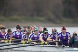 The Boat Race season 2017 - Women's Boat Race Fixture CUWBC vs Univerity of London: The UL eight seen in front of the CUWBC boat after crossing the finish line, bow - Emily Wilks, 2 - Catherine Ador, 3 - Fionnuala Gannon, 4 - Sara Parfett, 5 - Charlotte Hodgkins-Byrne, 6 - Georgia Stratham, 7 - Ally French, stroke - Robyn Hart-Winks, cox - Lauren Holland.
River Thames between Putney Bridge and Mortlake,
London SW15,

United Kingdom,
on 19 February 2017 at 16:28, image #149