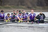 The Boat Race season 2017 - Women's Boat Race Fixture CUWBC vs Univerity of London: The UL eight seen in front of the CUWBC boat after crossing the finish line, with the focus on Cambridge: bow - Claire Lambe, 2 - Kirsten Van Fosen, 3 - Ashton Brown, 4 - Imogen Grant, 5 - Holy Hill, 6 - Melissa Wilson, 7 - Myriam Goudet, stroke - Alice White, cox - Matthew Holland.
River Thames between Putney Bridge and Mortlake,
London SW15,

United Kingdom,
on 19 February 2017 at 16:29, image #150