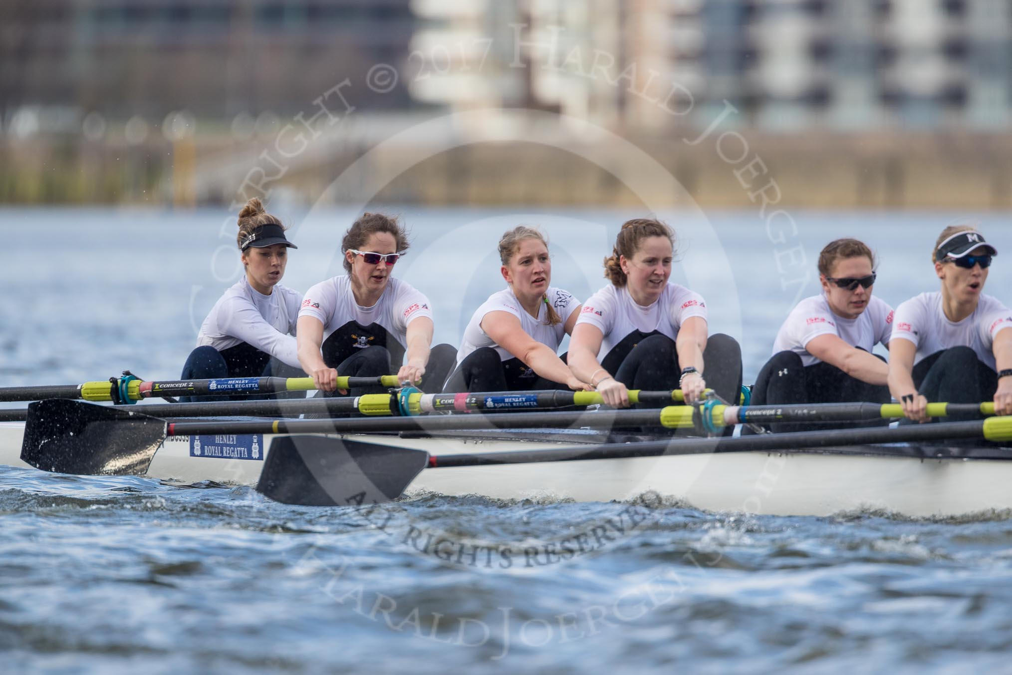 The Cancer Research UK Boat Race season 2017 - Women's Boat Race Fixture OUWBC vs Molesey BC: Molesey in the early phase of the race - bow Emma McDonald, 2 Caitlin Boyland, 3 Lucy Primmer, 4 Claire McKeown, 5 Katie Bartlett, 6 Elo Luik.
River Thames between Putney Bridge and Mortlake,
London SW15,

United Kingdom,
on 19 March 2017 at 16:03, image #61
