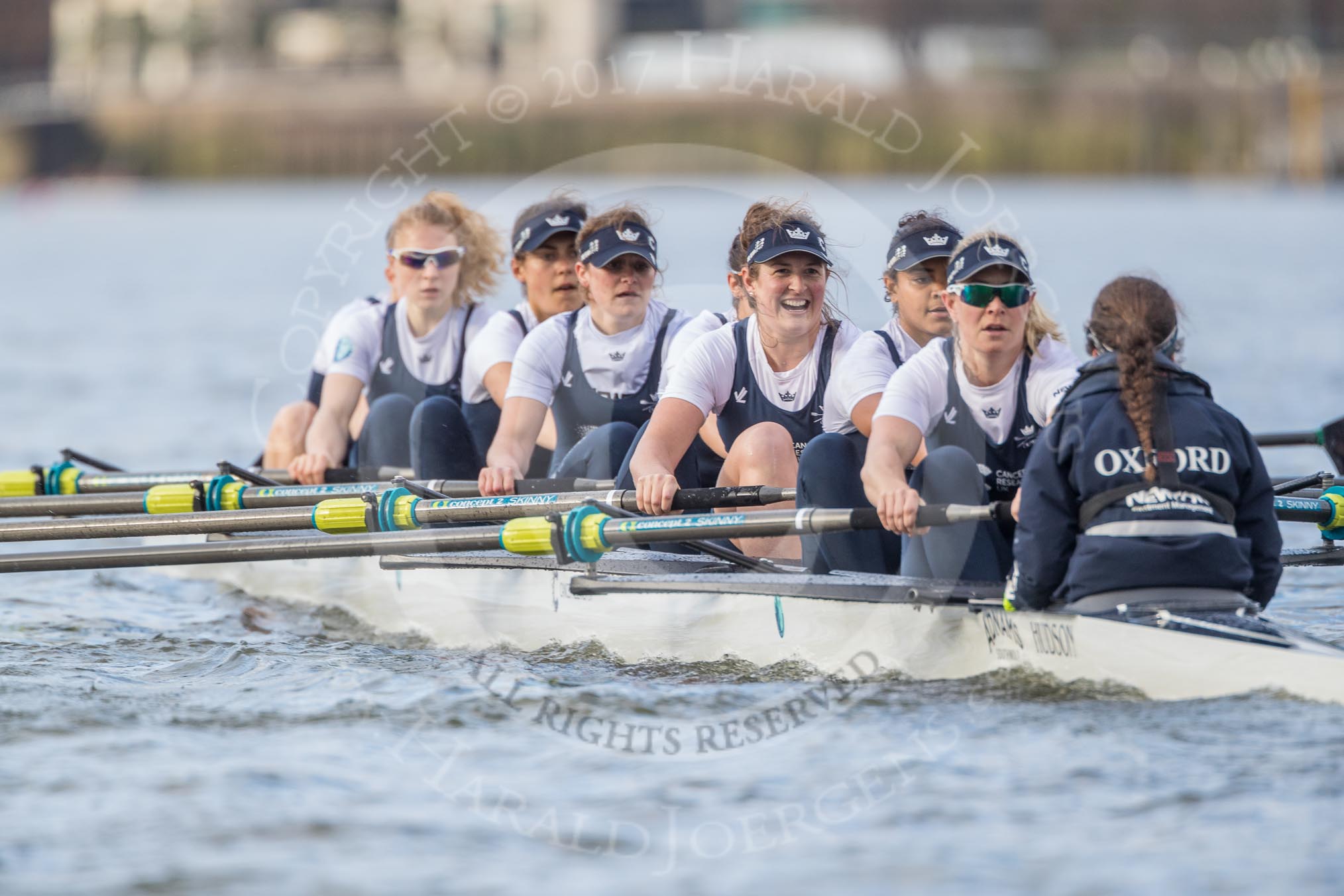 The Cancer Research UK Boat Race season 2017 - Women's Boat Race Fixture OUWBC vs Molesey BC: The OUWBC boat - bow Alice Roberts, 2 Beth Bridgman, 3 Rebecca Te Water Naude, 4 Rebecca Esselstein, 5 Chloe Laverack, 6 Harriet Austin, 7 Jenna Hebert, stroke Emily Cameron, cox Eleanor Shearer.
River Thames between Putney Bridge and Mortlake,
London SW15,

United Kingdom,
on 19 March 2017 at 16:03, image #63