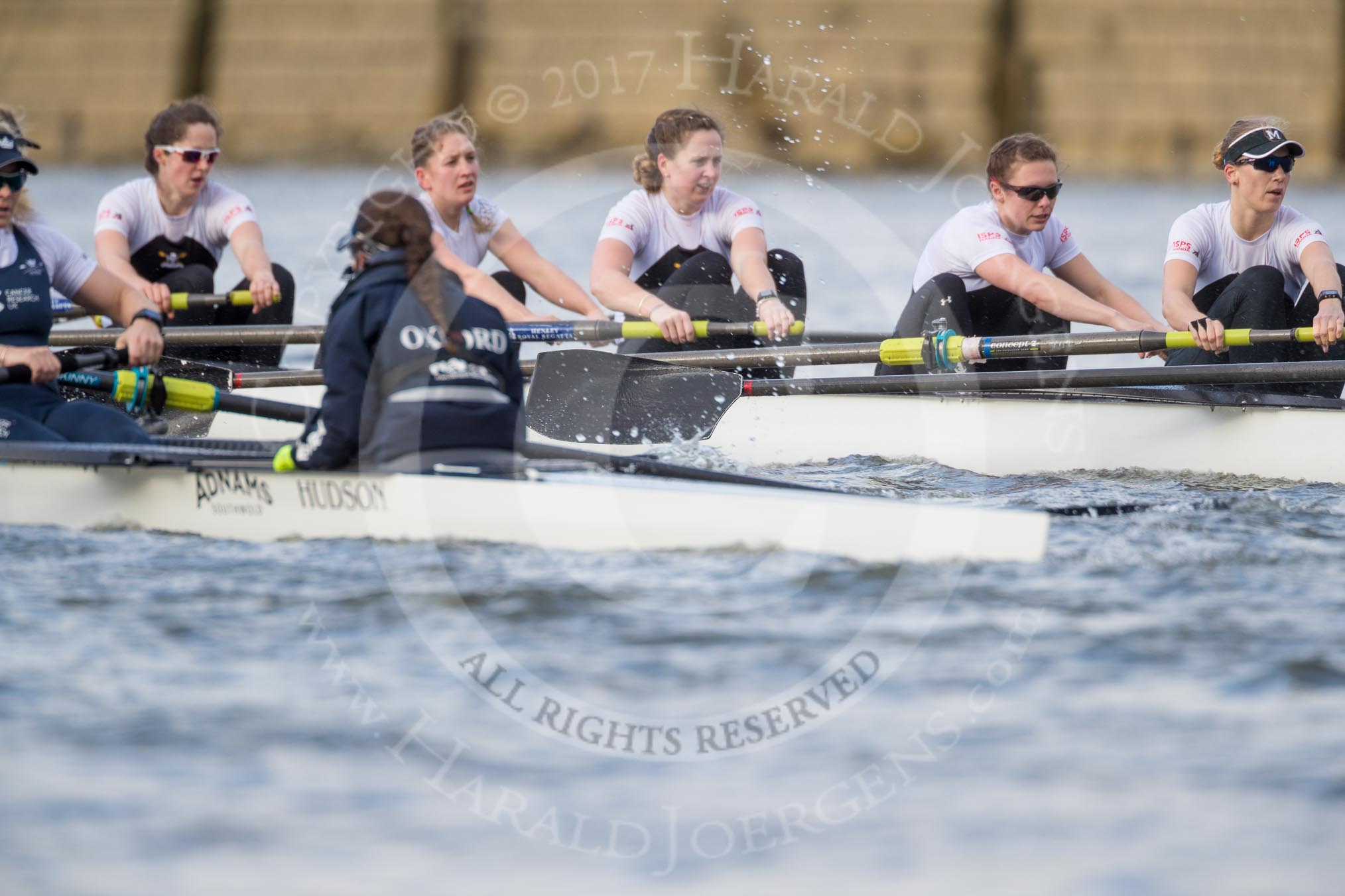 The Cancer Research UK Boat Race season 2017 - Women's Boat Race Fixture OUWBC vs Molesey BC: OUWBC with a lead of around half a length in the milepost area.
River Thames between Putney Bridge and Mortlake,
London SW15,

United Kingdom,
on 19 March 2017 at 16:03, image #65