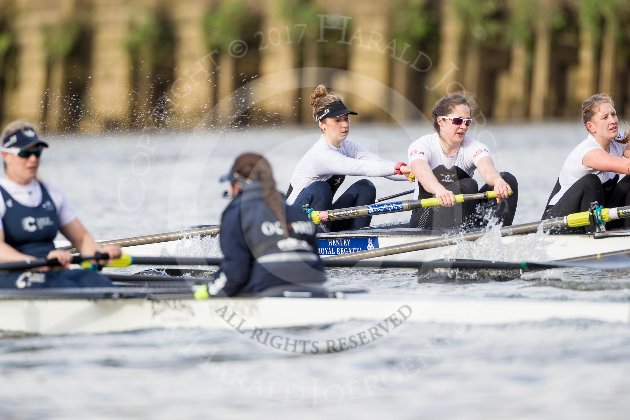 The Cancer Research UK Boat Race season 2017 - Women's Boat Race Fixture OUWBC vs Molesey BC: OUWBC extending their lead, in the Molesey boat bow Emma McDonald, 2 Caitlin Boyland, 3 Lucy Primmer.
River Thames between Putney Bridge and Mortlake,
London SW15,

United Kingdom,
on 19 March 2017 at 16:04, image #75