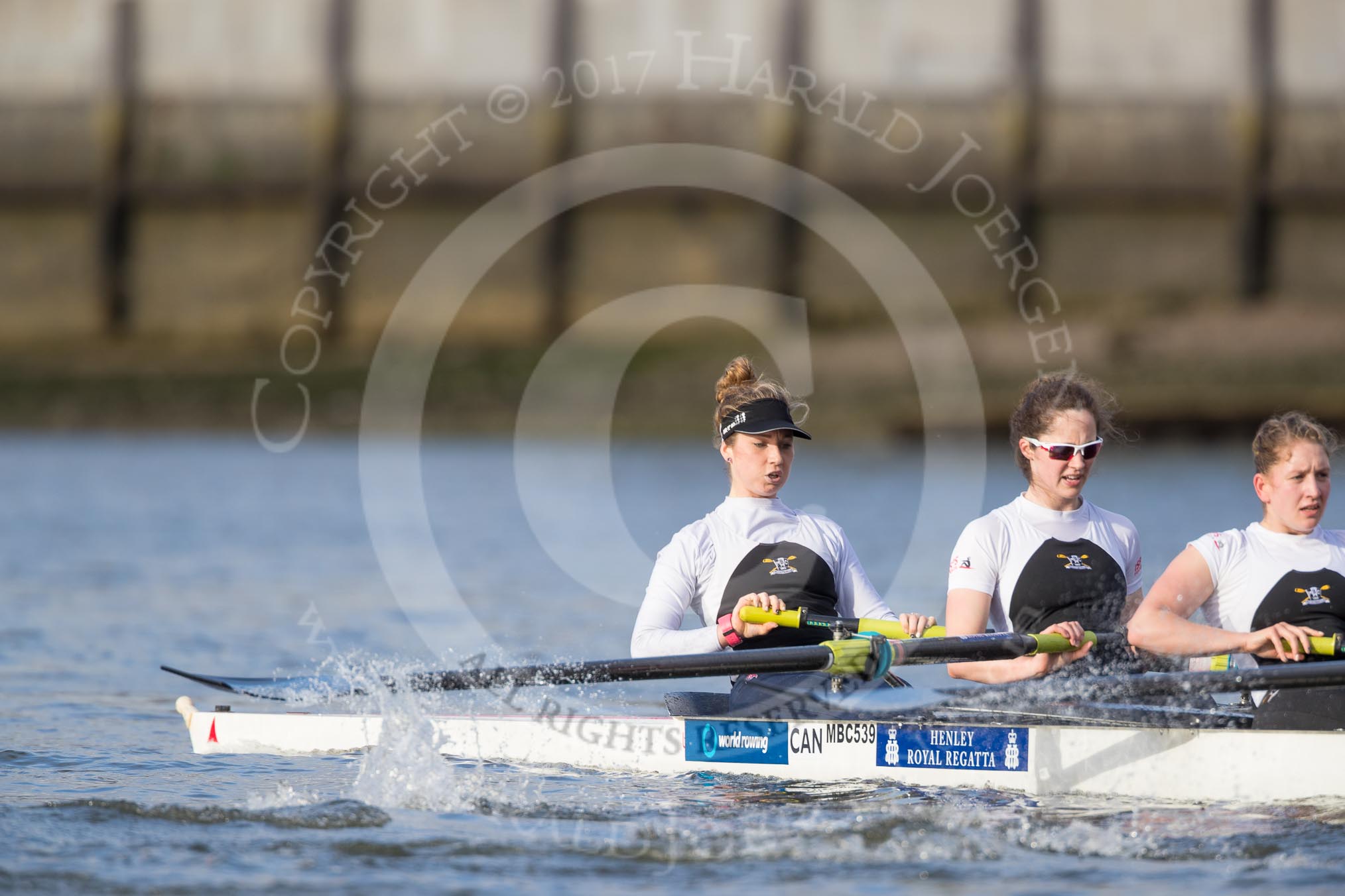 The Cancer Research UK Boat Race season 2017 - Women's Boat Race Fixture OUWBC vs Molesey BC: The Molesey boat, here bow Emma McDonald, 2 Caitlin Boyland, 3 Lucy Primmer.
River Thames between Putney Bridge and Mortlake,
London SW15,

United Kingdom,
on 19 March 2017 at 16:05, image #86