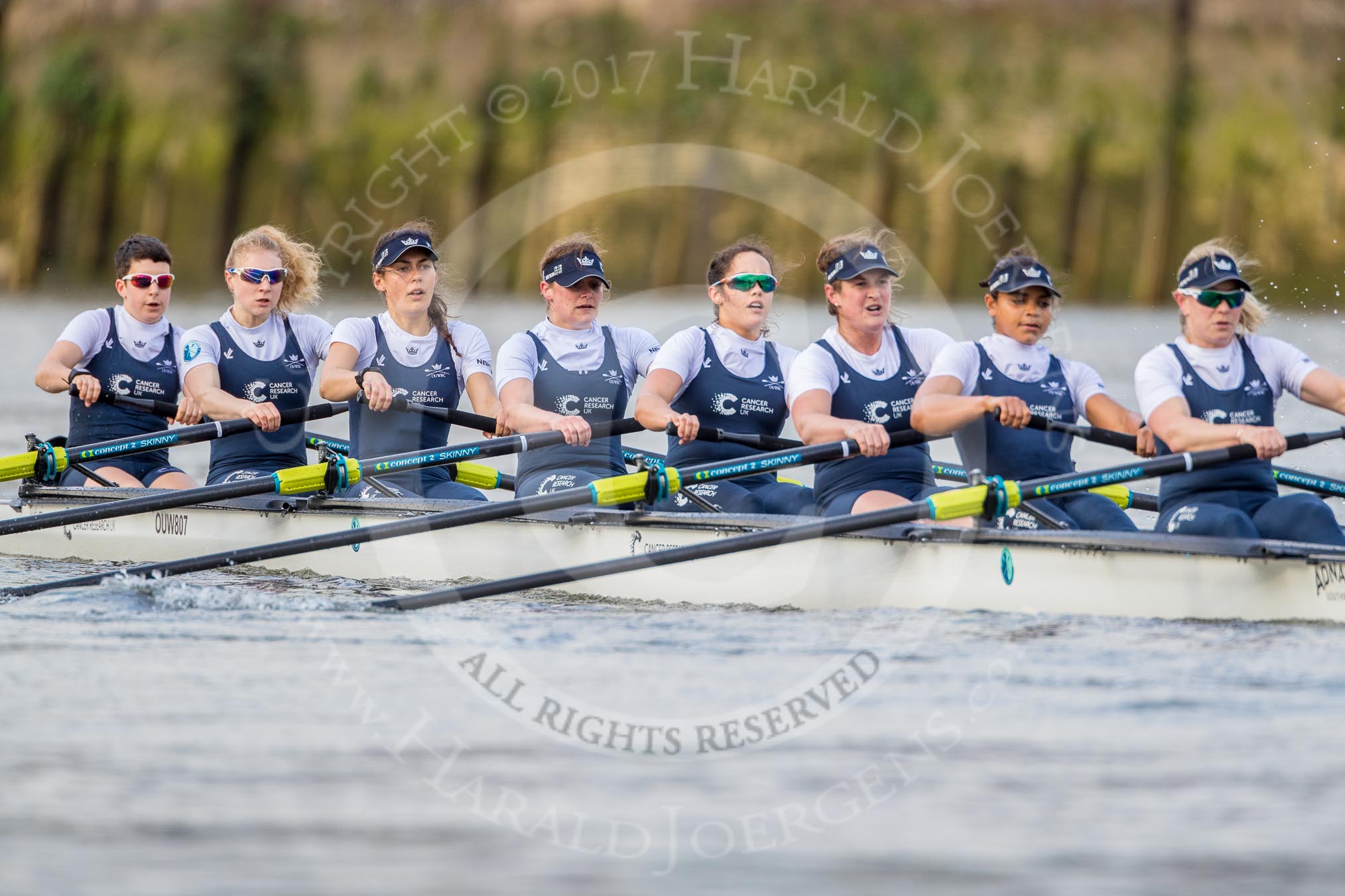 The Cancer Research UK Boat Race season 2017 - Women's Boat Race Fixture OUWBC vs Molesey BC: The OUWBC boat - bow Alice Roberts, 2 Beth Bridgman, 3 Rebecca Te Water Naude, 4 Rebecca Esselstein, 5 Chloe Laverack, 6 Harriet Austin, 7 Jenna Hebert, stroke Emily Cameron, cox Eleanor Shearer.
River Thames between Putney Bridge and Mortlake,
London SW15,

United Kingdom,
on 19 March 2017 at 16:06, image #93
