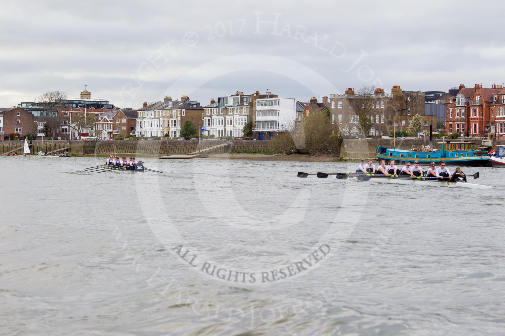 The Cancer Research UK Boat Race season 2017 - Women's Boat Race Fixture OUWBC vs Molesey BC: OUWBC extending their lead around Chiswick Pier.
River Thames between Putney Bridge and Mortlake,
London SW15,

United Kingdom,
on 19 March 2017 at 16:08, image #106