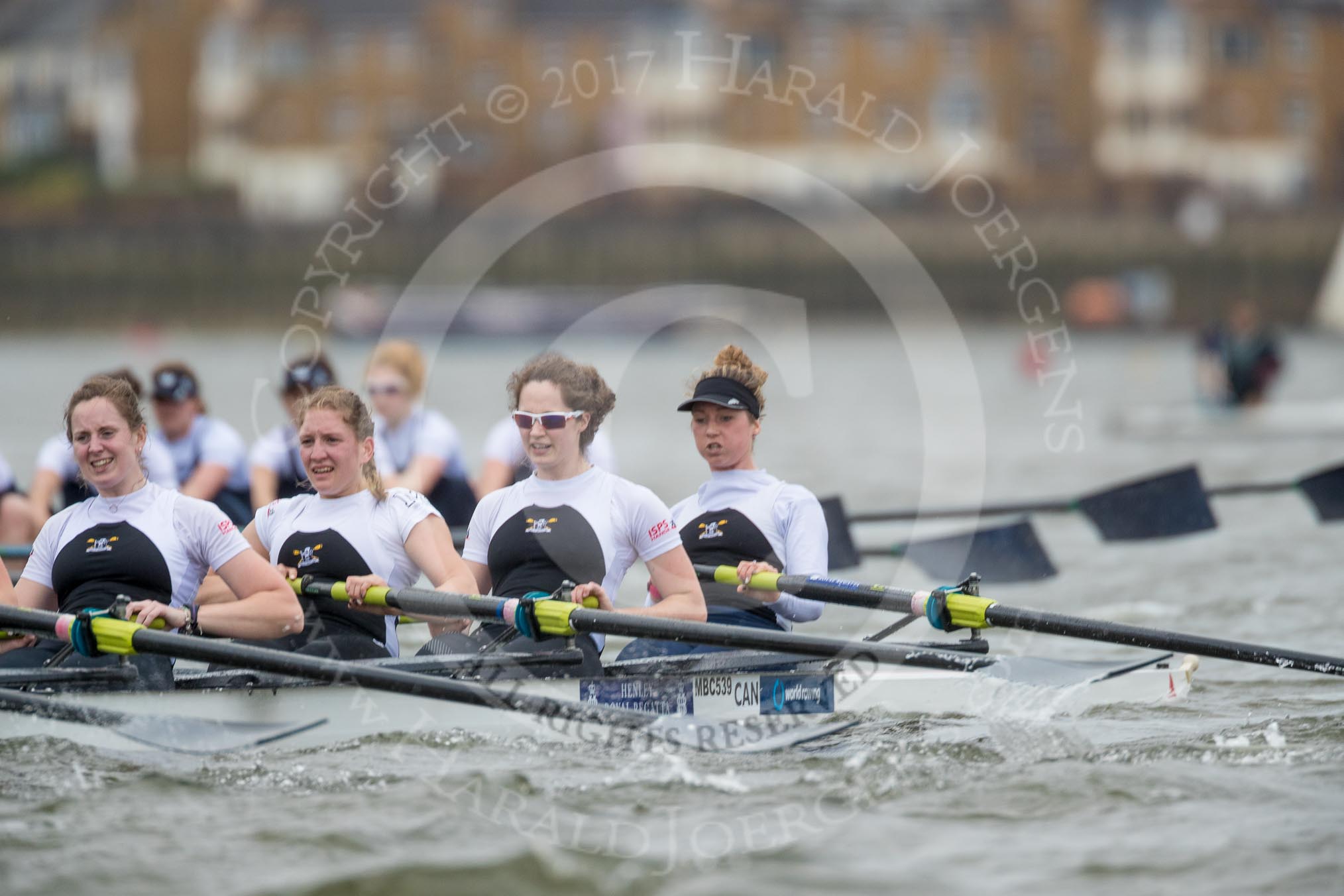 The Cancer Research UK Boat Race season 2017 - Women's Boat Race Fixture OUWBC vs Molesey BC: The Molesey Eight, a bit behind OUWBC - 4 Claire McKeown, 3 Lucy Primmer, 2 Caitlin Boyland, bow Emma McDonald.
River Thames between Putney Bridge and Mortlake,
London SW15,

United Kingdom,
on 19 March 2017 at 16:10, image #112